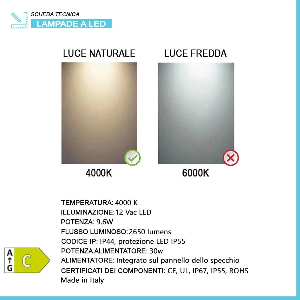Inbagno Specchio LED 70x80 illuminazione perimetrale e angoli raggiati, a filo lucido con installazione reversibile