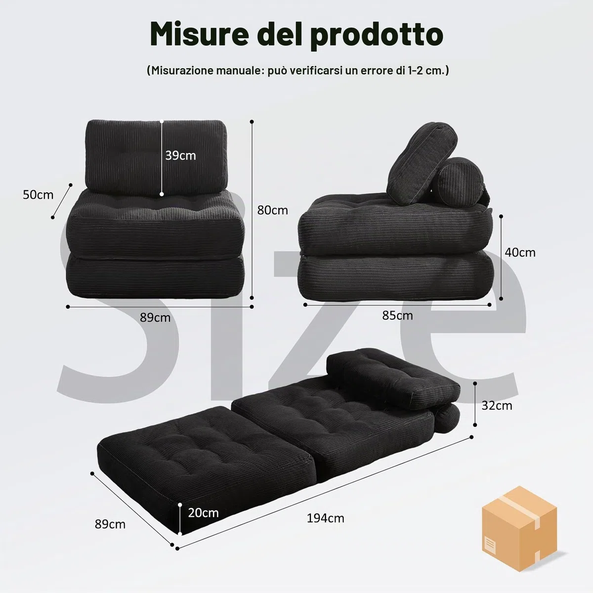 Divano letto pieghevole – Divano a sacco – Poltrona relax, divano gioco, divano letto e letto degli ospiti per piccoli spazi, poltrona per camera da letto e soggiorno (Nero, 89,9 cm)