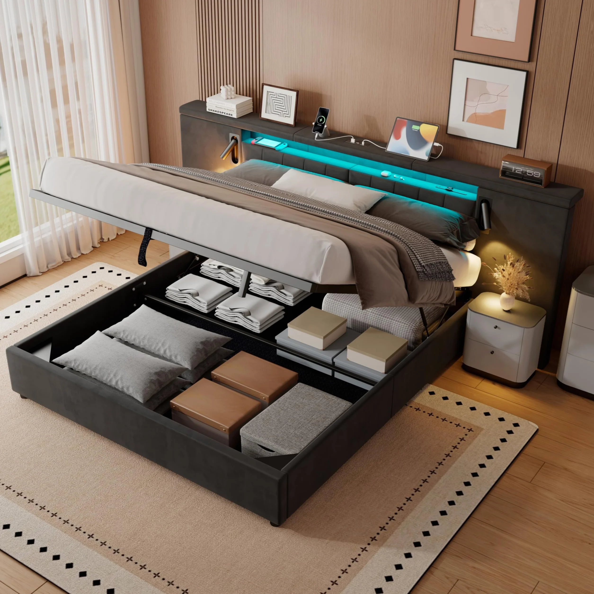 Letto Matrimoniale 180x200 con LED Testiera larga, Letto Contenitore Matrimoniale con porta USB e Lampada, Struttura Letto Matrimoniale Imbottito 180x200, Senza Materasso, Velluto Grigio