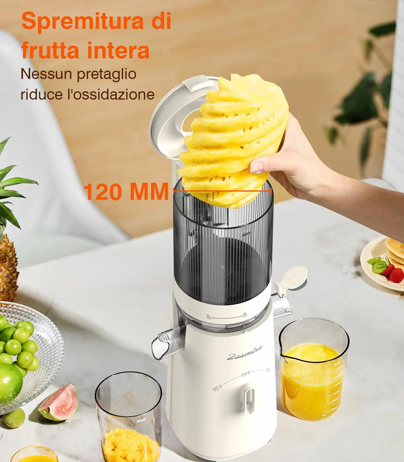Estrattore Frutta e Verdura, Zasmira Estrattore con Scivolo di Alimentazione da 120 mm, Kein Vorschneiden Entsafter für Gemüse und Obst,Purezza del Succo del 99,6%/REV-Modus/Einfacher zu Reinigen