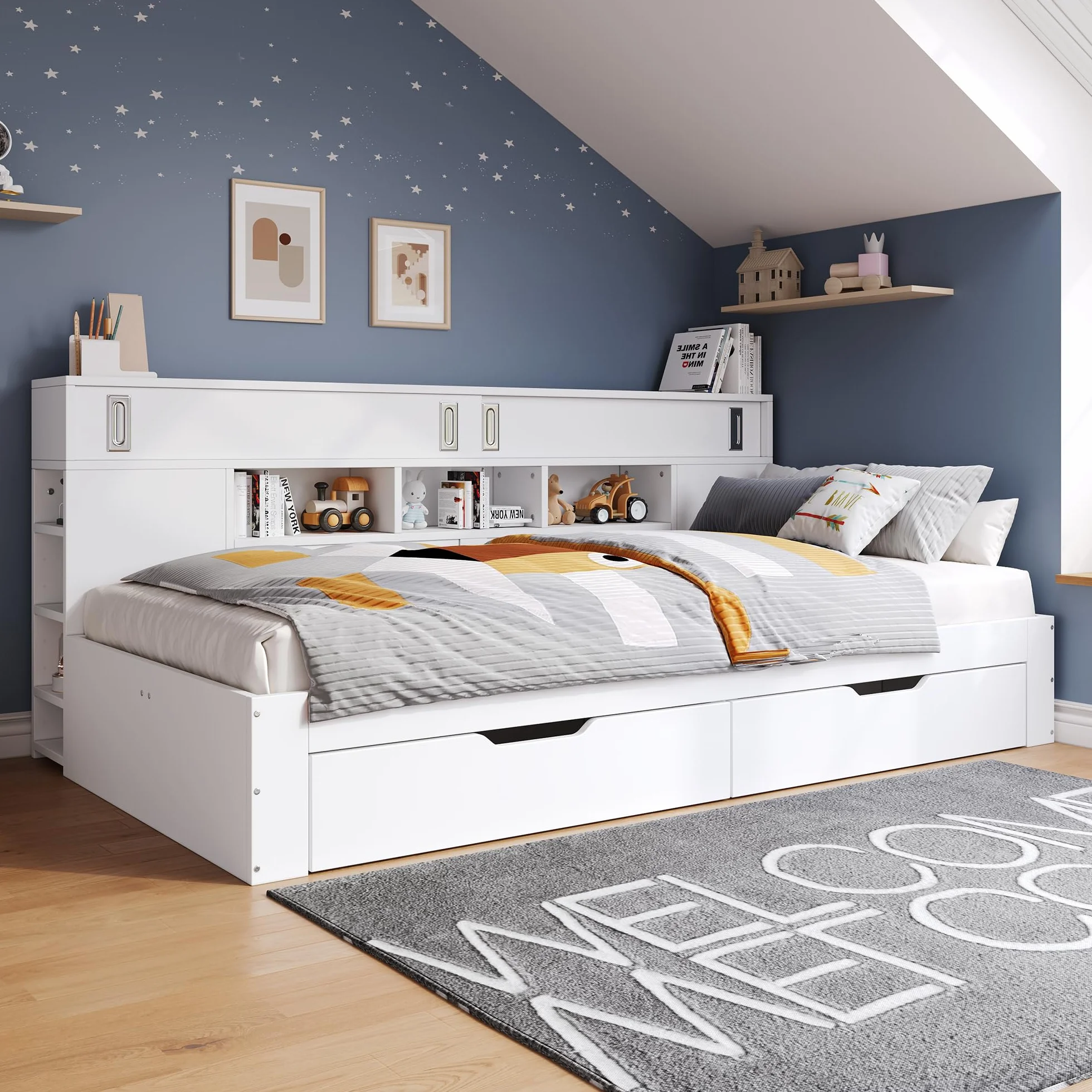 Letto per bambini 90x200, letto singolo con ripiani e armadio contenitore, letto contenitore con cassetti, struttura letto con rete a doghe, per adulti e ragazzi, senza materasso, bianco