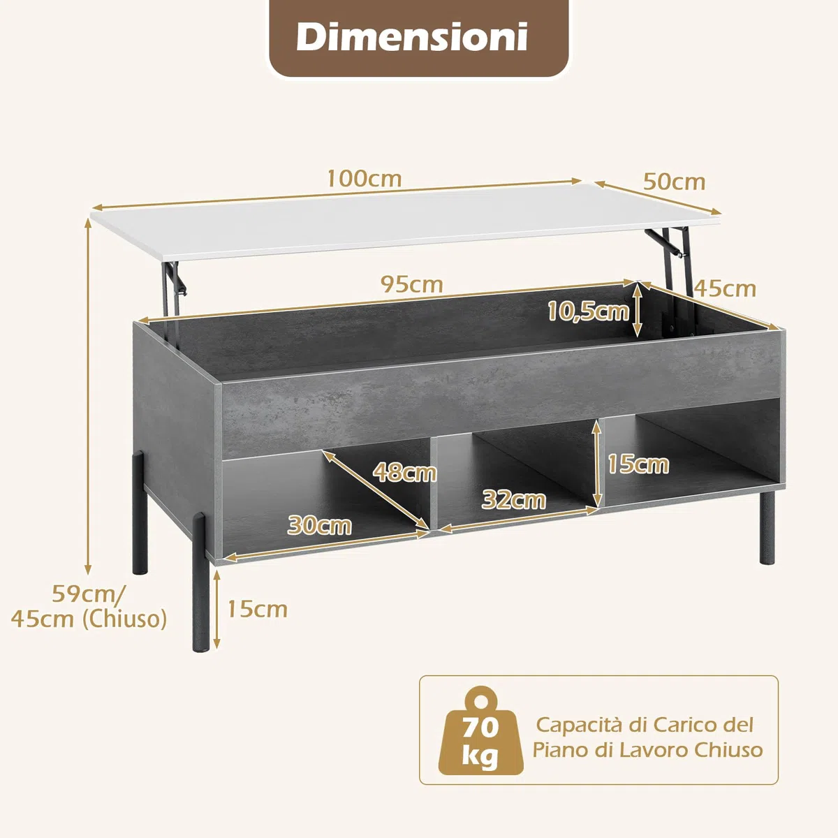 COSTWAY Tavolino da Caffè Sollevabile, Tavolo da Salotto con Piano Sollevabile, Ampio Comparto Nascosto, 3 Scomparti Aperti e Gambe in Metallo, Ideale per Salotto e Ufficio (Grigio)