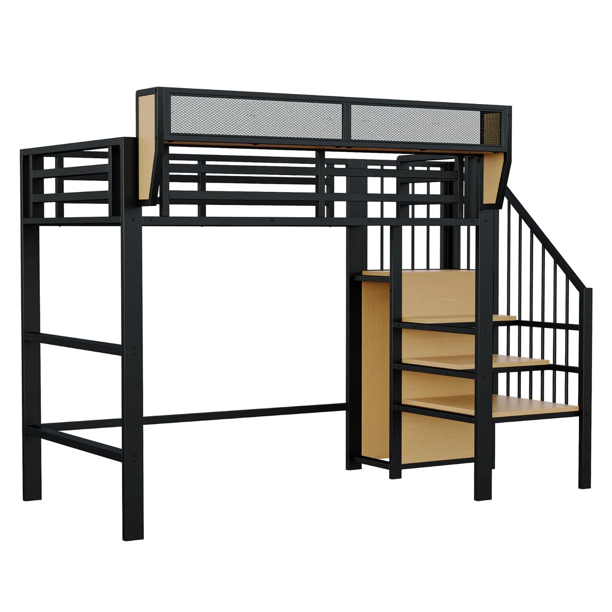 Moimhear Letto a soppalco, con scala di sicurezza e vano flessibile, letto in metallo per adulti e bambini (Nero, 90x200cm)