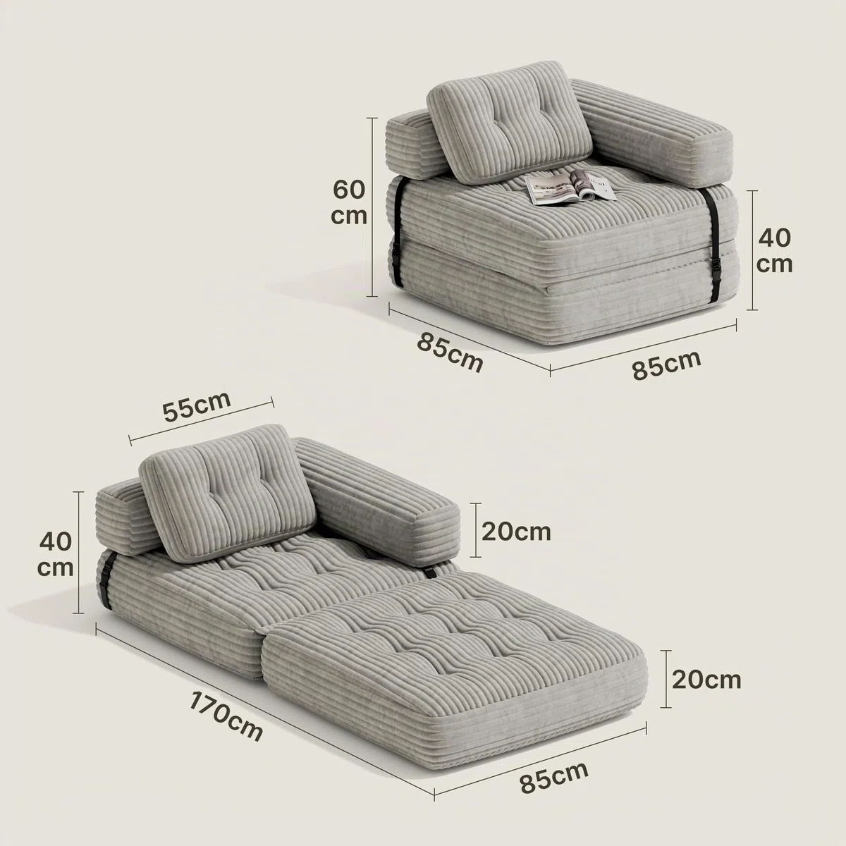 Xbro Divano Letto Pieghevole Singolo Compatto in Velluto a Coste con Poggiatesta a L, Poltrona Letto Salvaspazio per Soggiorno Ufficio Ospiti, 85x85-170x85 cm, Grigio Chiaro