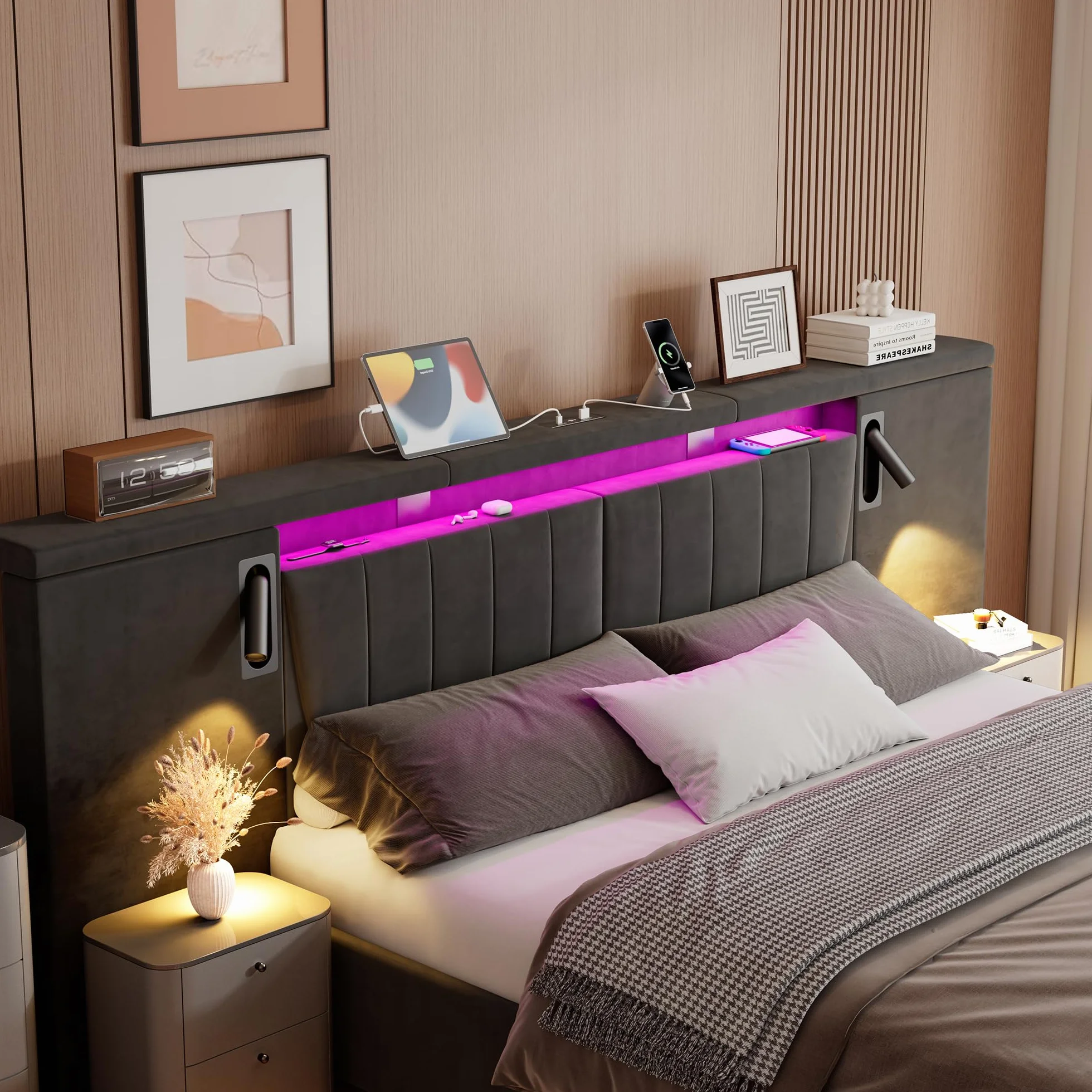 Letto Matrimoniale 180x200 con LED Testiera larga, Letto Contenitore Matrimoniale con porta USB e Lampada, Struttura Letto Matrimoniale Imbottito 180x200, Senza Materasso, Velluto Grigio