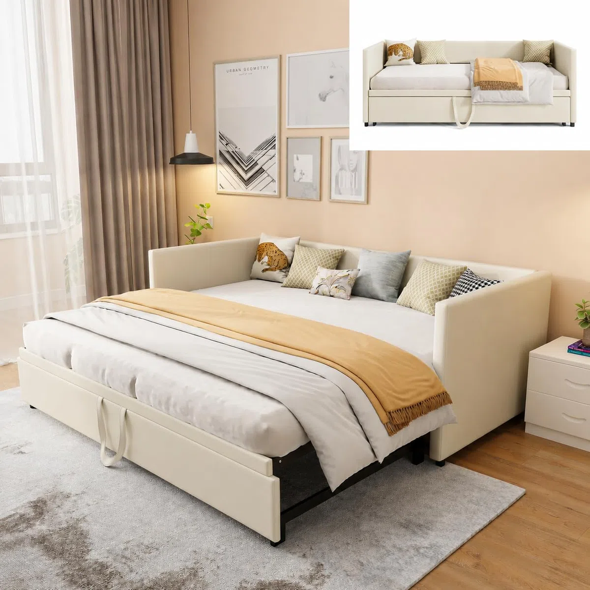KeepGoon Divano Letto Estensibile 90/180x200 cm, Letto Singolo con Letto Estraibile, Struttura Salvaspazio con Rete a Doghe, Tessuto in Velluto Beige, Senza Materasso