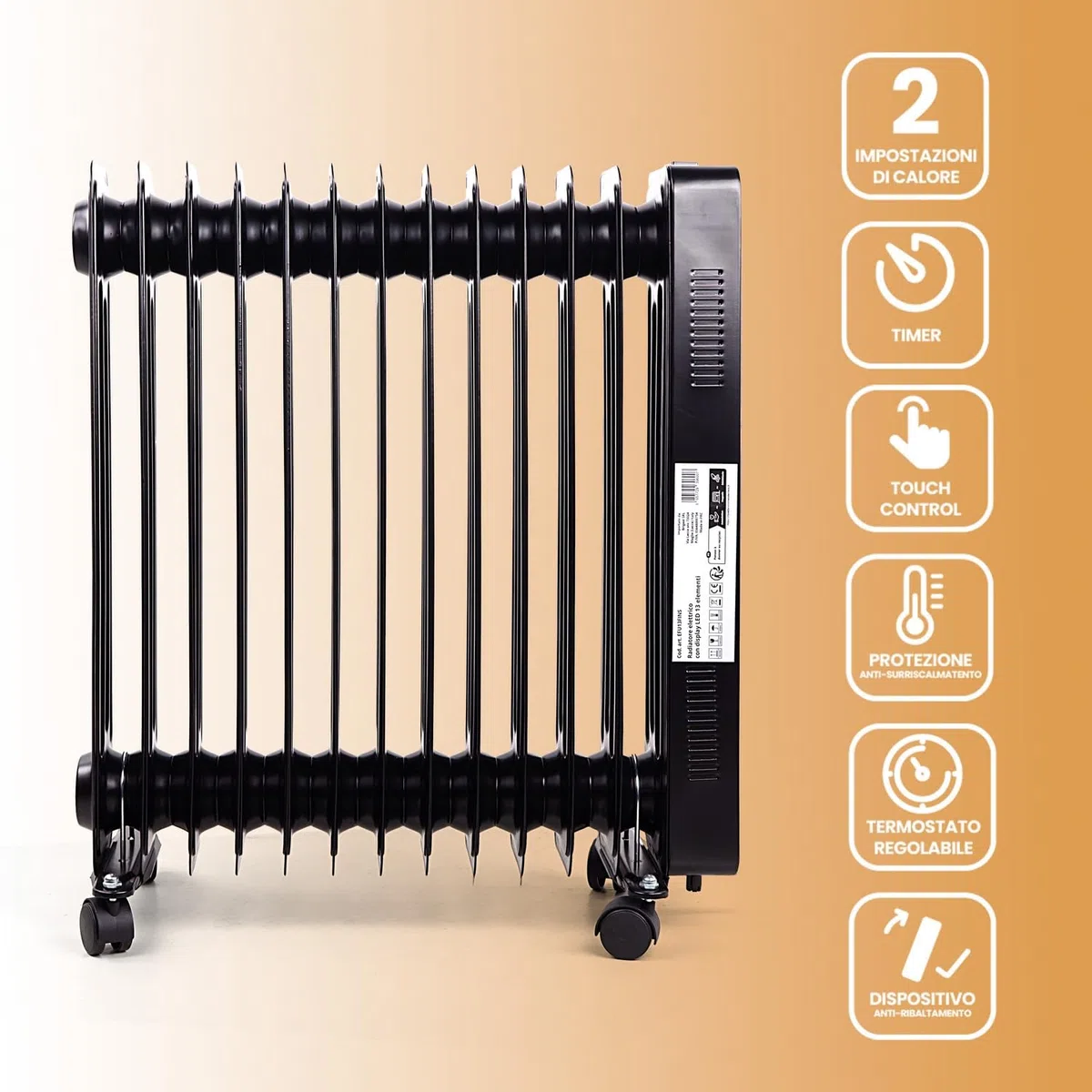 White - Radiatore Elettrico Ad Olio 13 Elementi. Stufa Elettrica A 240v. Telecomando Incluso, Funzione Touch. Display Led Luminoso. Calorifero Elettrico Con Ruote
