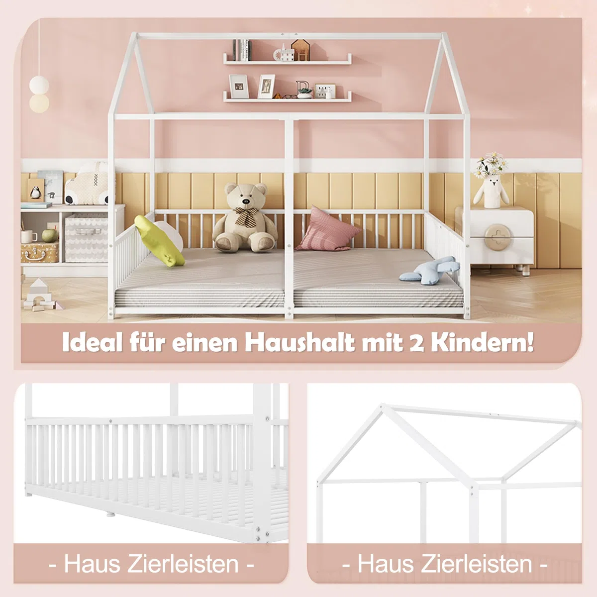 Letto per bambini 90 x 200 cm Due letti da 90 cm con protezione anticaduta, Letto a casa Letto a pavimento Letto gemellare con design a forma di casa, Letto per bambini Telaio in ferro