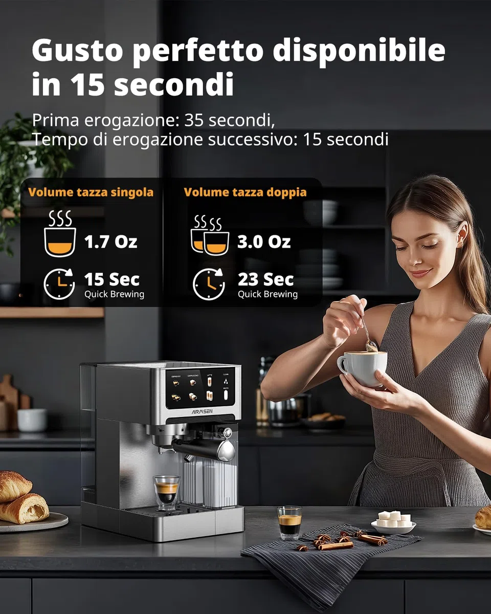 AIRMSEN 20 Bar Macchina Espresso per Casa con Frotheria Automatica, Cappuccino & Latte Caffè Macchina, Doppio Boiler Quick Estrazione (1350W+1000W), Acciaio Inox, Serbatoio d'Acqua 1.8L, Touchscreen