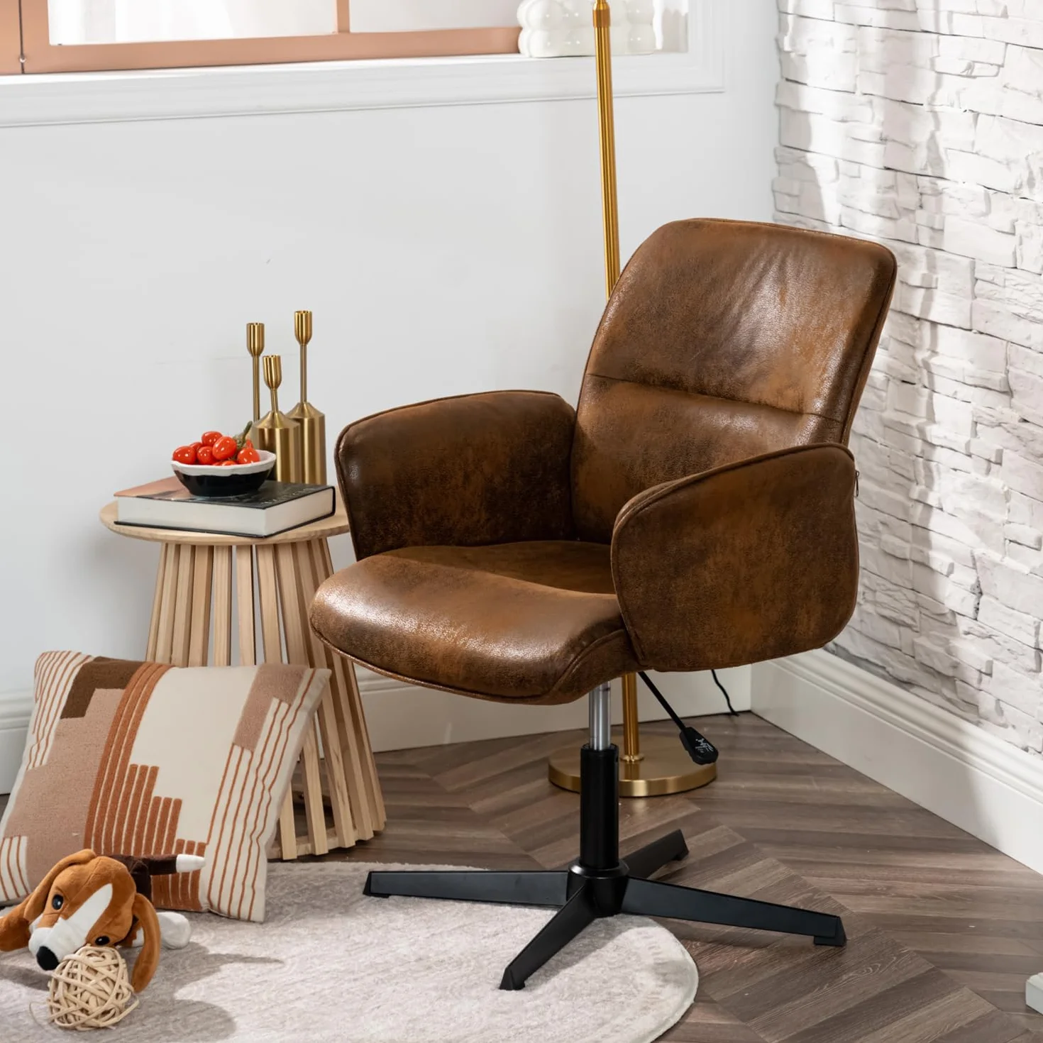 MEUBLE COSY Sedia da Ufficio Girevole Regolabile in Altezza Poltrona da Toelette Scrivania Seduta in Pelle Scamosciata per Studio Camera da Letto, Marrone