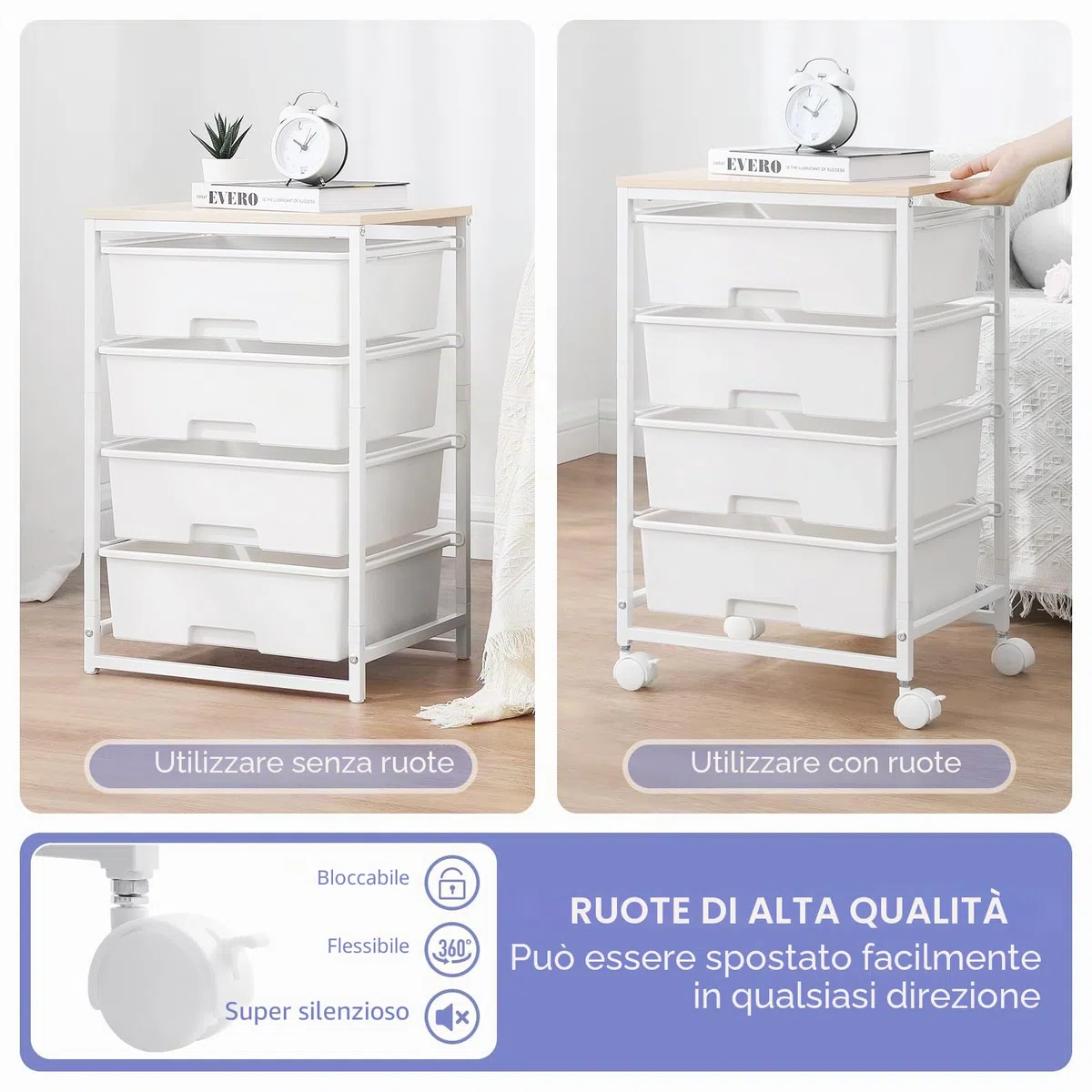 SYKIARIOL Carrello portaoggetti a 4 cassetti su ruote con piano tavolo in legno, per cucina, soggiorno, camera da letto, movimento semplice, grande capacità, 4 cassetti, bianco