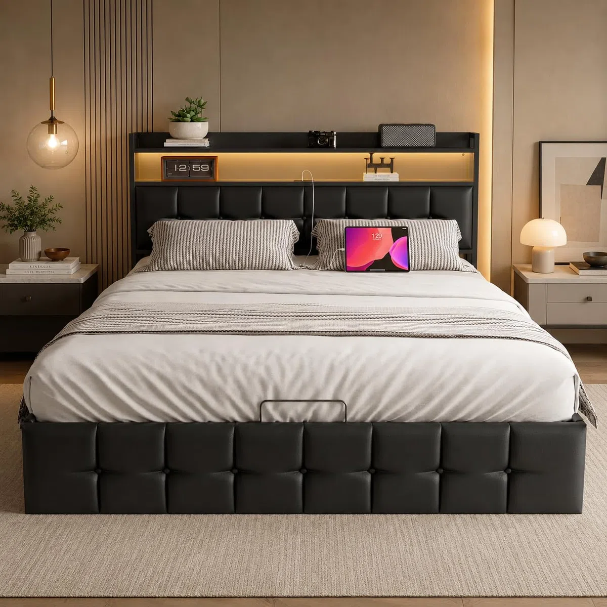 KeepGoon letto matrimoniale con contenitore 160 x 200 cm, letto imbottito con rete a doghe, testiera a LED con funzione USB, letto funzionale, in pelle nera, barra di pressione dell'aria