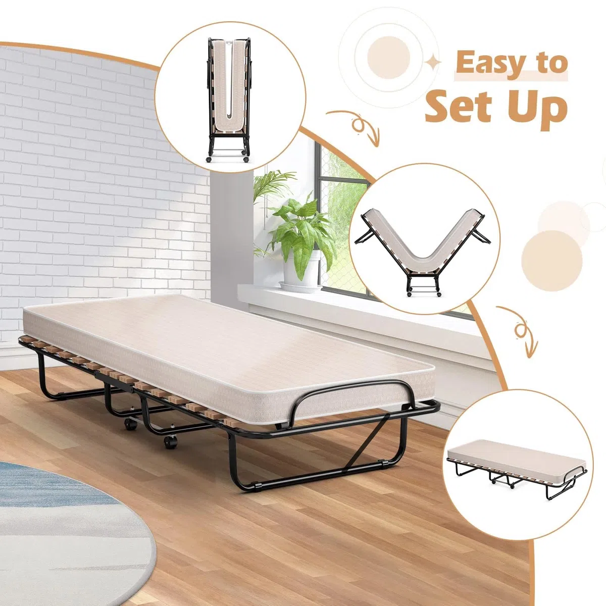 GIANTEX Letto Pieghevole, Singolo con 4 Ruote, 4 Gambe in Mettallo, Fibbia Fissata, 80 x 190 cm, Materasso di 10 cm, Ideale per Viaggio e di Riserva