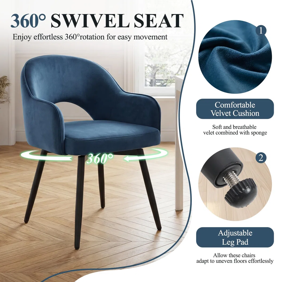 chairus Set di 2 Sedie da Pranzo in Velluto Sedia Cucina Girevole Poltroncina Imbottita con Schienale Sedia Moderna Design con Gambe in Metallo per Sala da Pranzo/Soggiorno, Blu