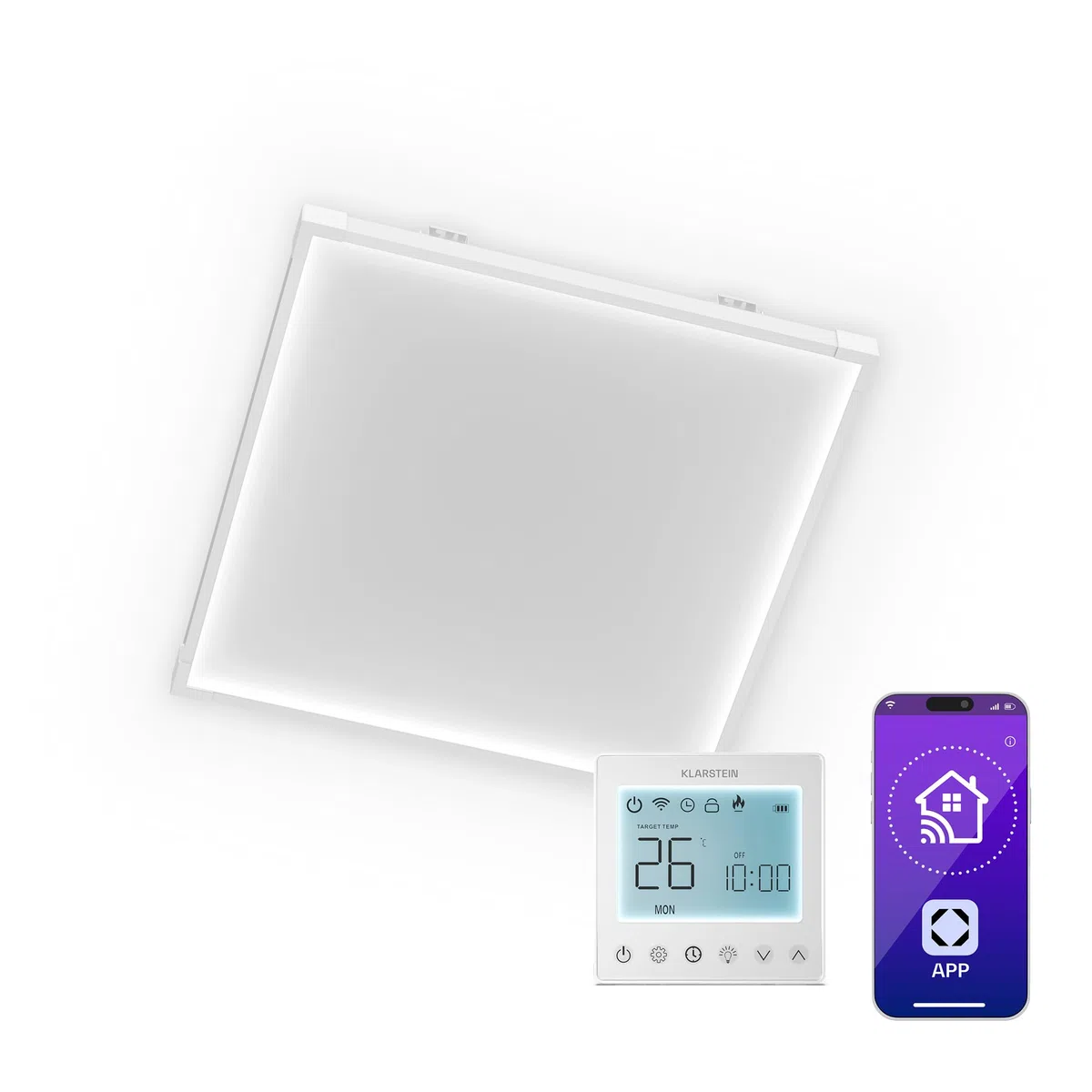 Klarstein Pannelli Radianti Infrarossi 360W – Parete o Soffitto, WiFi, Termostato, Timer, IP44, Blocco Bambini, Design Moderno, Riscaldamento 10m², Telecomando, Alluminio