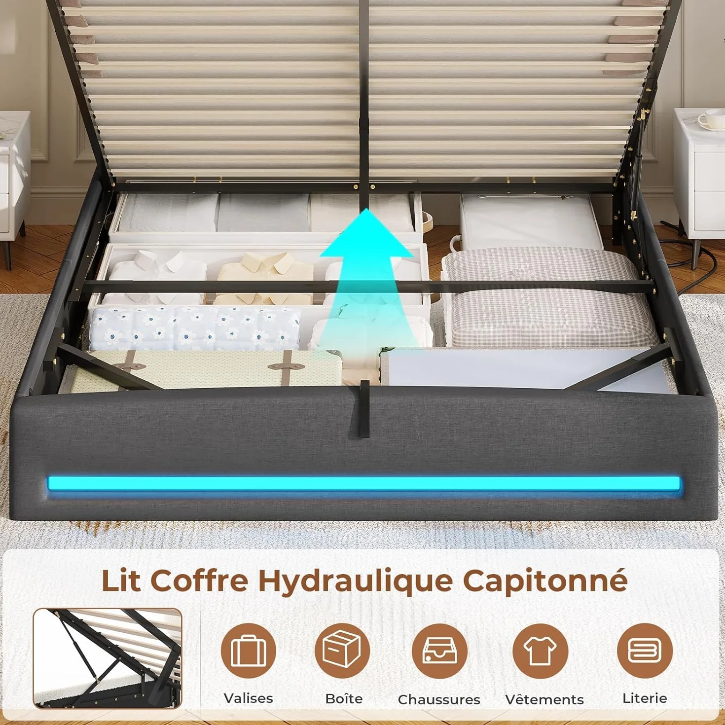 AGOLLATI Letto Contenitore Matrimoniale, Letto 140x190 cm con Illuminazione LED e Stazione di Ricarica, Letto Matrimoniale con Sollevamento Idraulico, Testiera Imbottita con Contenitore, Grigio Scuro