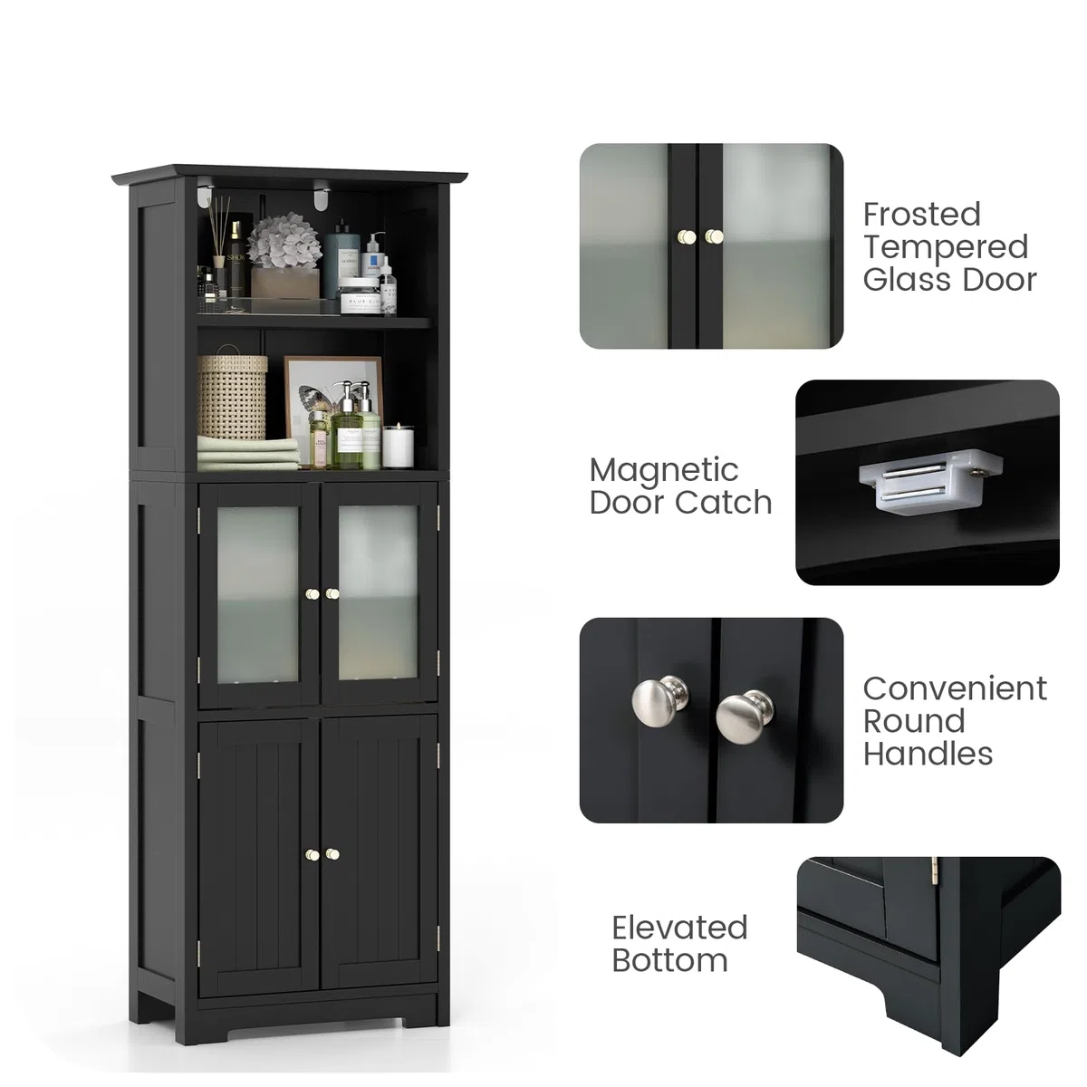LIFEZEAL Mobiletto Alto da Bagno Salvaspazio, Mobiletto Multiuso in Legno, 60x30x163cm, Mobile Bagno con 2 Ante in Vetro, Armadietto da Terra con Ripiani Regolabile per Cucina e Soggiorno (nero)