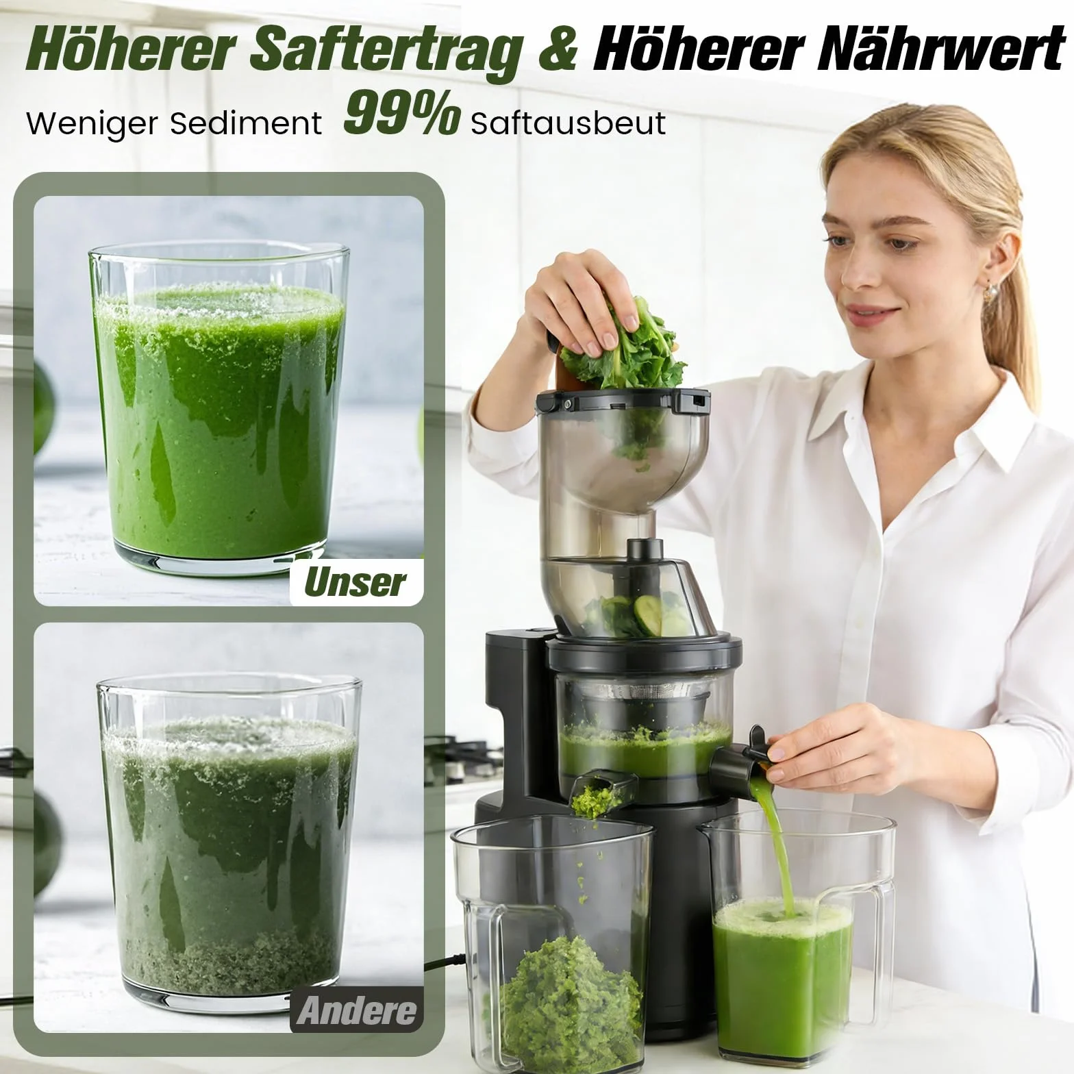 Estrattore Frutta e Verdura a Freddo, Grande Imboccatura 140 mm, Slow Juicer 400W con 3 velocità e Funzione Inversa, Estrattore di Succo con Separazione Polpa e Succo, Regolazione umidità