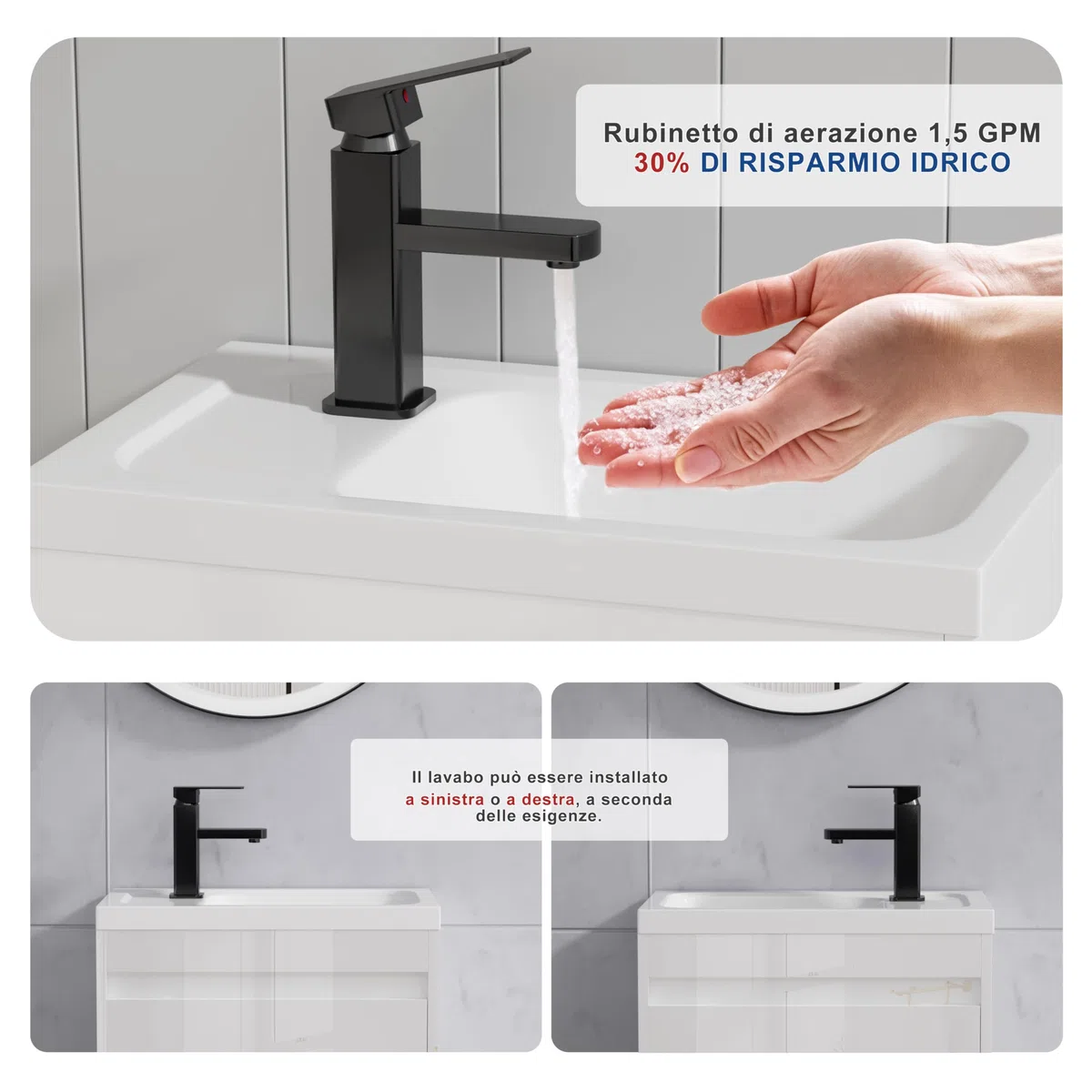 UEV Mobile da Bagno Sospeso 50 cm con Lavabo in Resina, 3-in-1 Set Arredo Bagno con Rubinetto Efficiente, Scarico POP-UP, Mobiletto con Ampio Spazio di Archiviazione