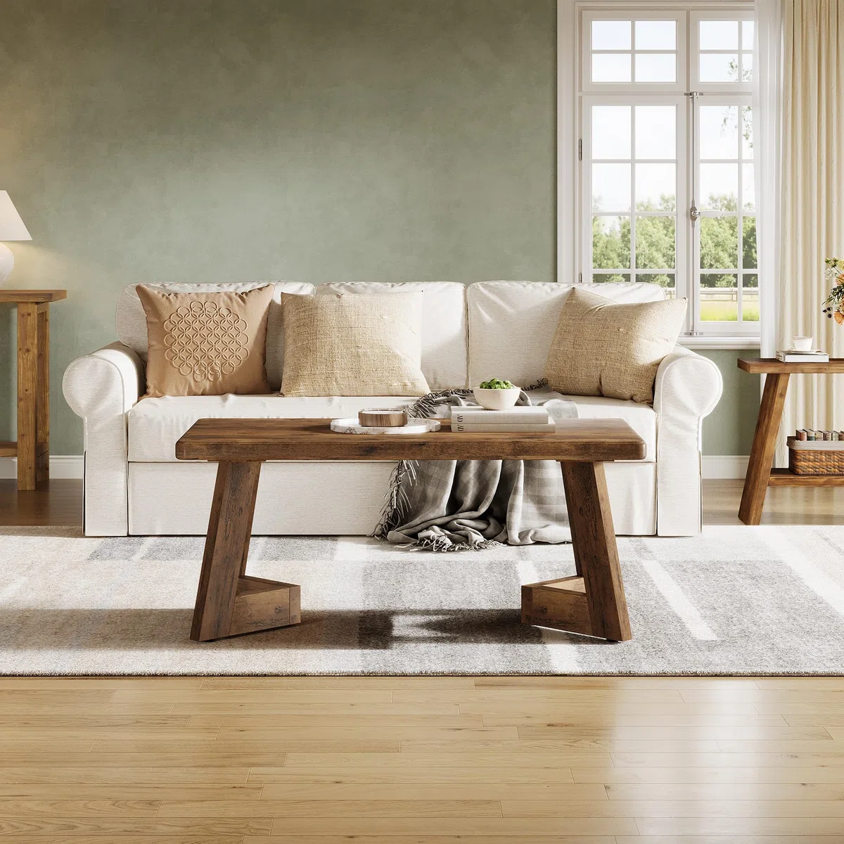 Tribesigns Tavolino da Salotto, Tavolino da Caffè in Stile Country con Gambe a V, 120 x 60 cm Tavolo da Divano Rettangolare per Soggiorno, Facile da Montare, Marrone Rustico