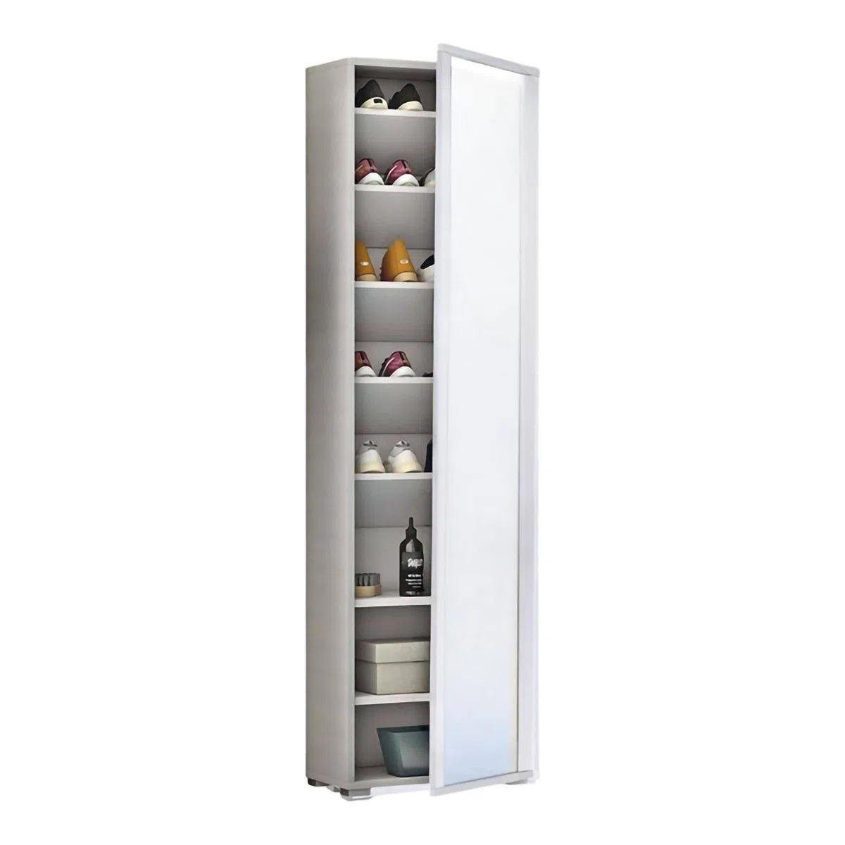 Dmora - Scarpiera Datura, Mobile multiuso da ingresso con anta a specchio , Armadio moderno portascarpe a 7 ripiani, 100% Made in Italy, 50x32hx182 cm, Bianco