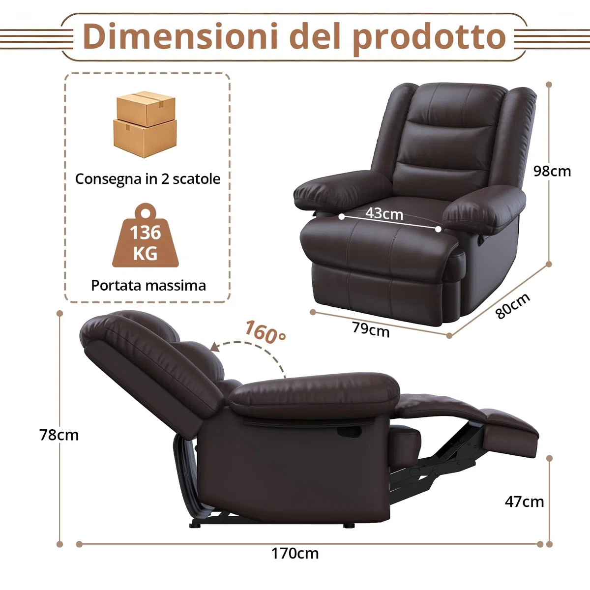 Hamoldy Poltrona Reclinabile Ergonomica Relax, Sedia Confortevole per Anziani adatta a Soggiorno, Camera da Letto e Cameretta Infantile Marrone