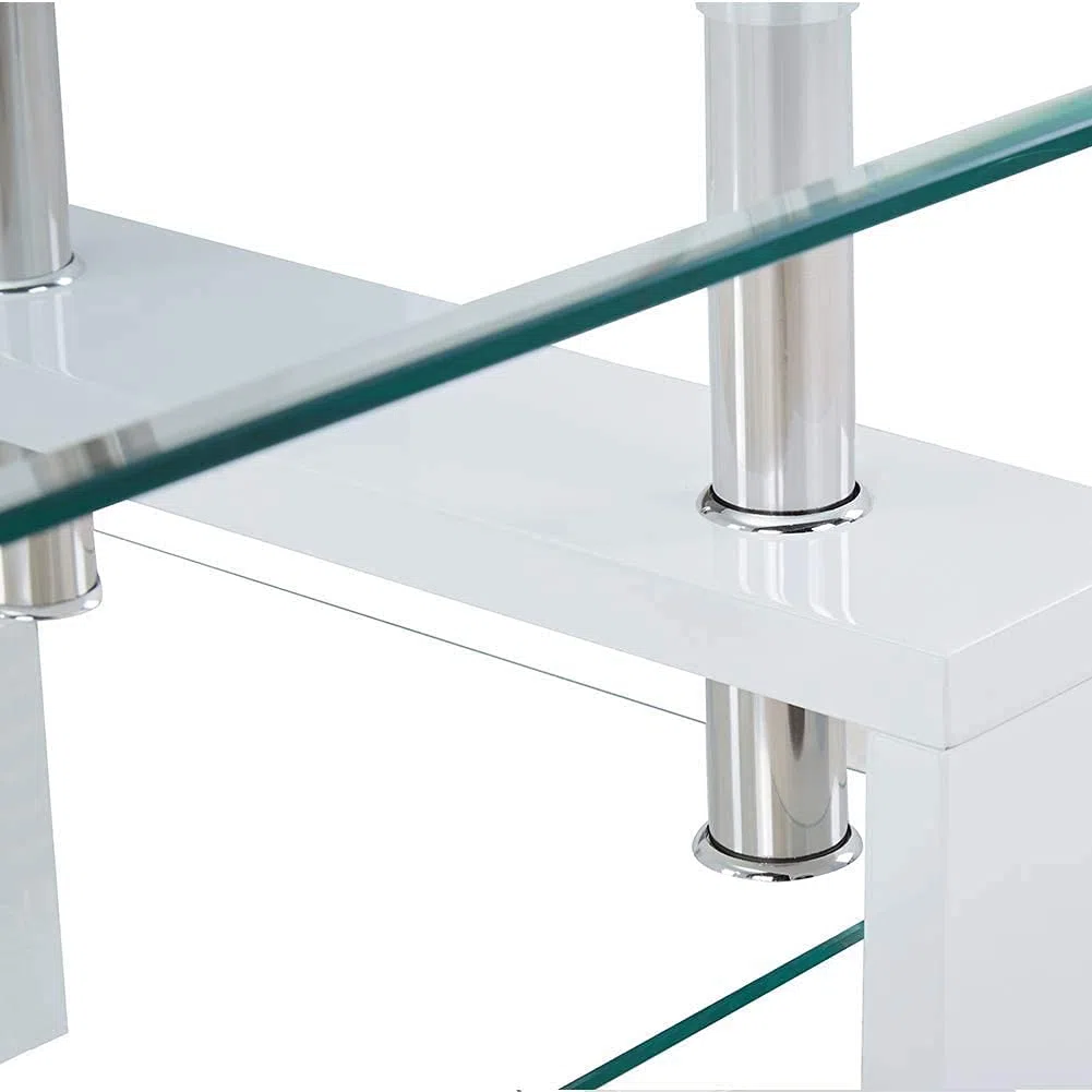 Tavolino Basso Rettangolare Salotto In Vetro Temperato E Legno MDF Per Soggiorno Salone Sala Da Pranzo Tavolo Da Caffè Con Ripiano Moderno Ed Elegante Indianapolis 100 x 60 x 45 cm (Bianco)
