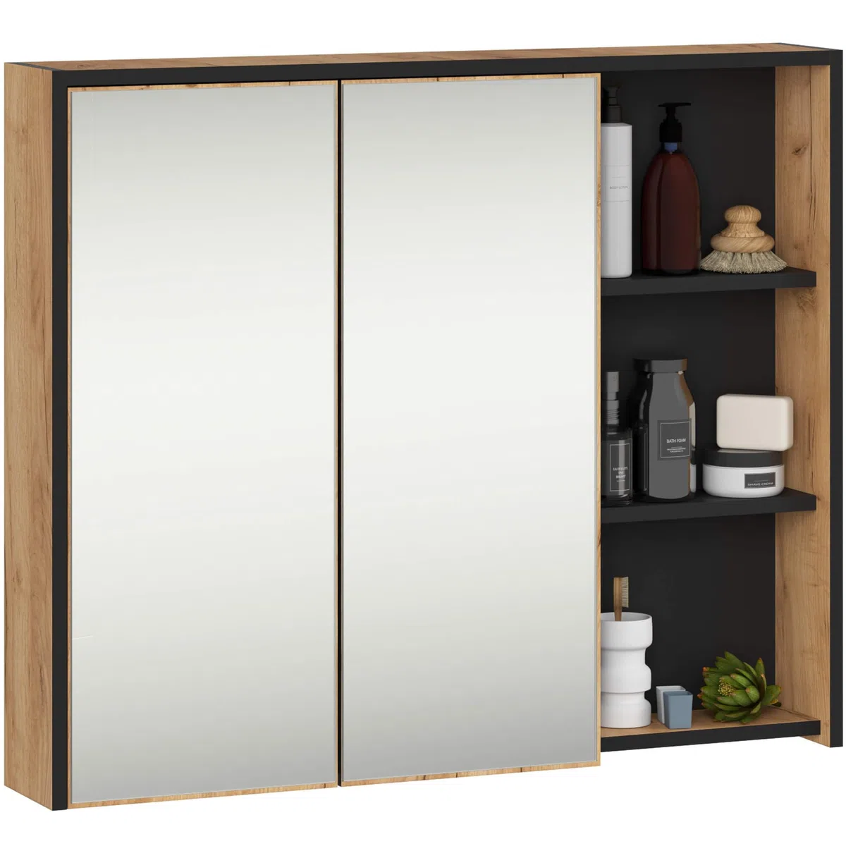 AKORD Mobile Bagno con Specchio VAMI 90 cm - Pensile Bagno Specchio Contenitore 2 Ante, 6 Ripiani - Spazioso - Robusti e Resistenti all'Umidità - 90x75x15 cm - Rovere Artigianale & Nero
