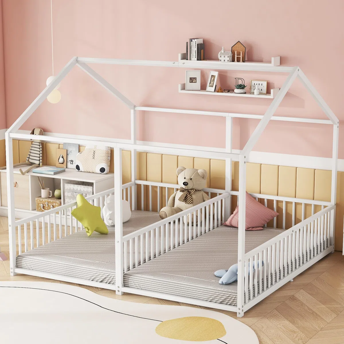 Letto per bambini 90 x 200 cm Due letti da 90 cm con protezione anticaduta, Letto a casa Letto a pavimento Letto gemellare con design a forma di casa, Letto per bambini Telaio in ferro