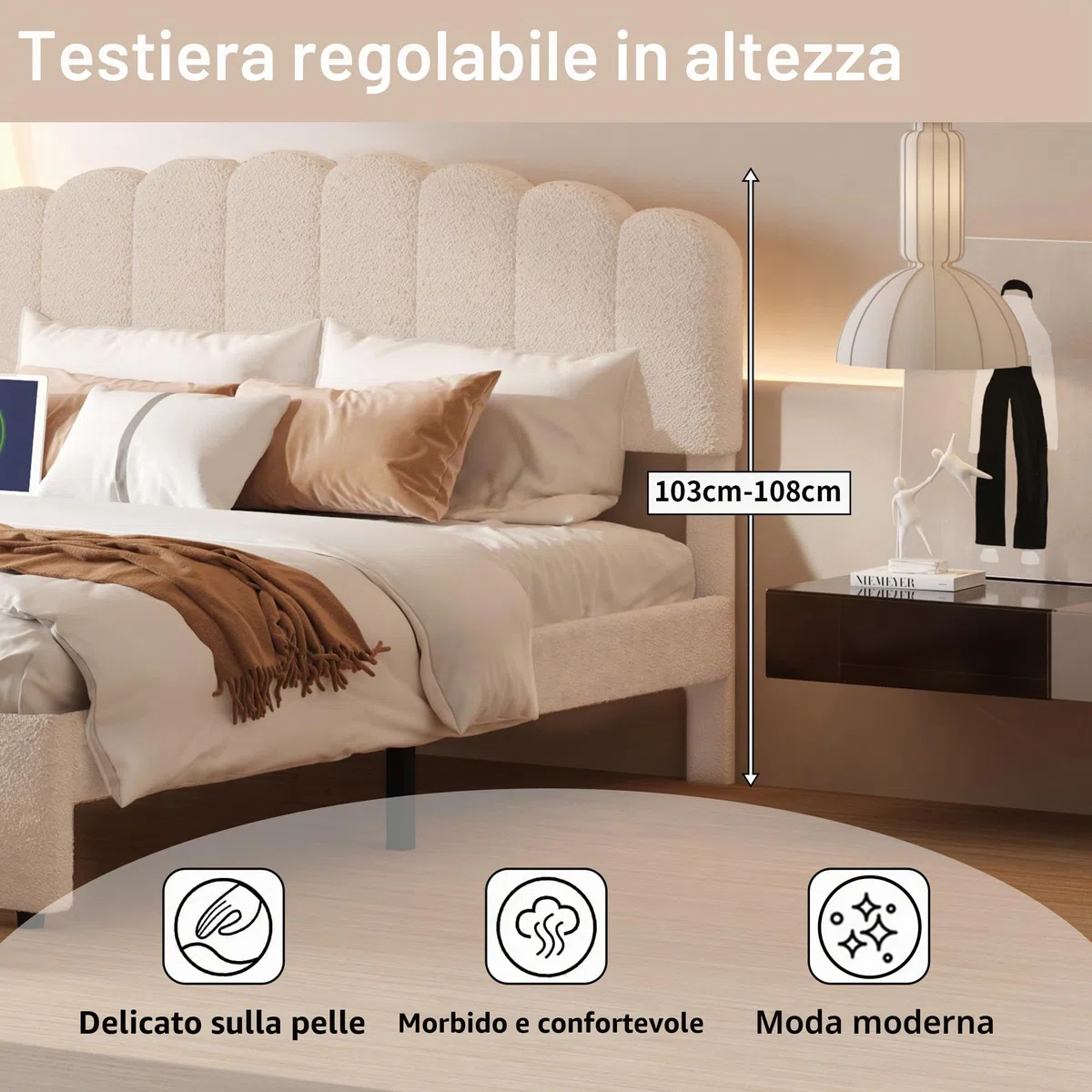 Letto imbottito 140 x 200 cm, letto matrimoniale con 1 cassetto e rete a doghe, testiera regolabile in altezza con funzione di ricarica USB-C – Letto per riporre lo schienale del letto, Teddy