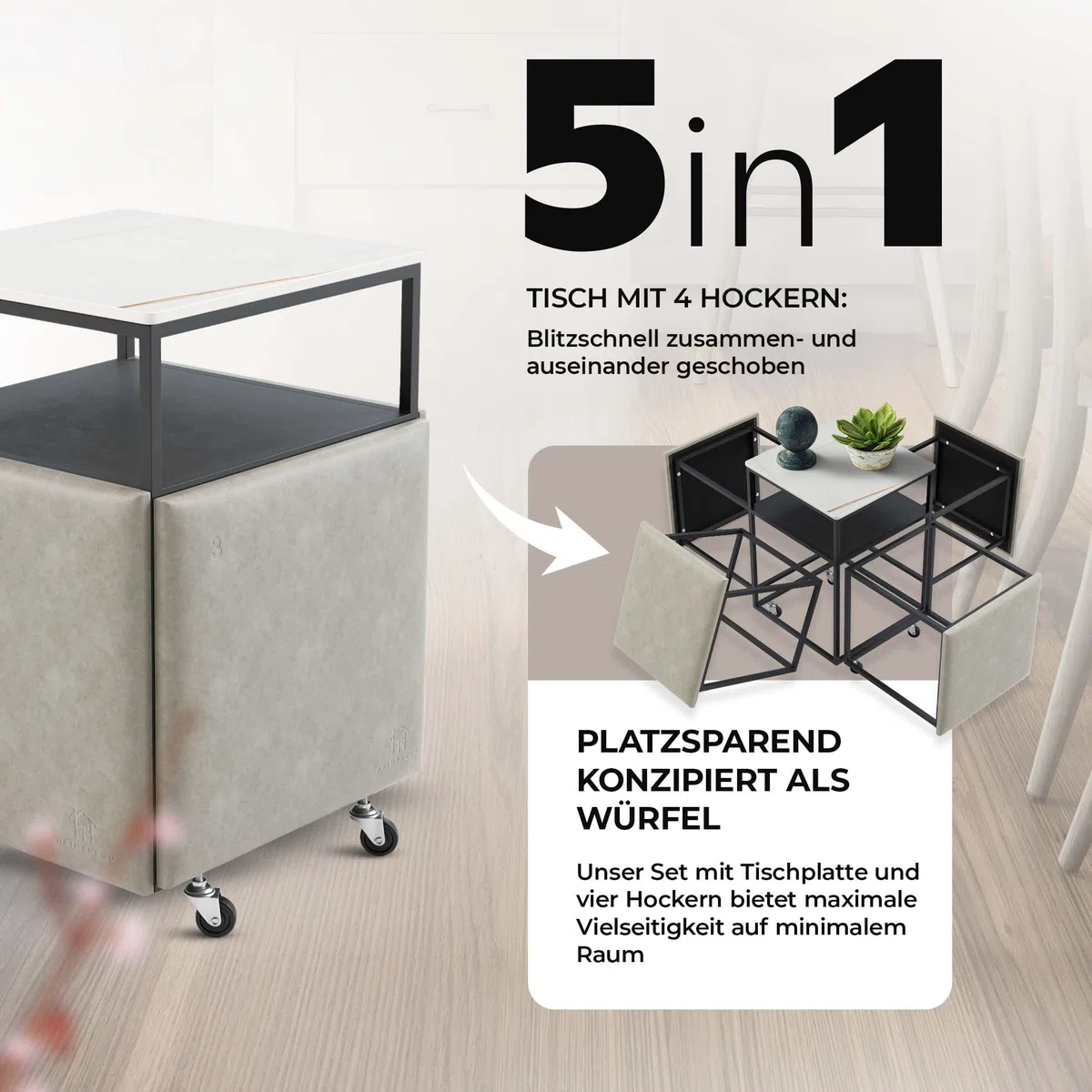 4 sgabelli con tavolino – Risparmia spazio 5 in 1 cubo grigio/bianco per soggiorno, sala da pranzo, camera degli ospiti