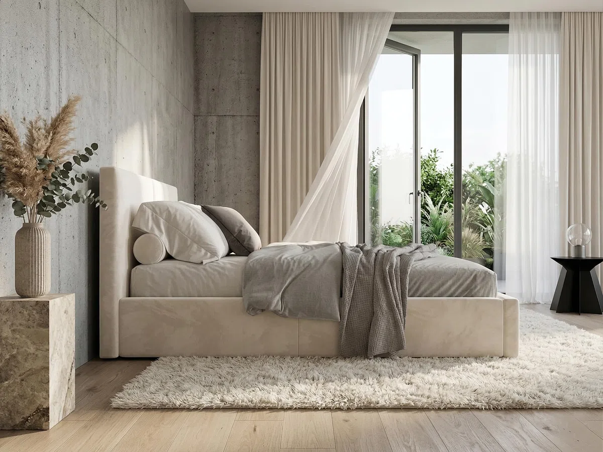 Letto imbottito 160 Hilton struttura del letto con rete a doghe in metallo con contenitore letto matrimoniale giroletto imbottito con cassettone letto per camera da letto (cashmere, 160x200)