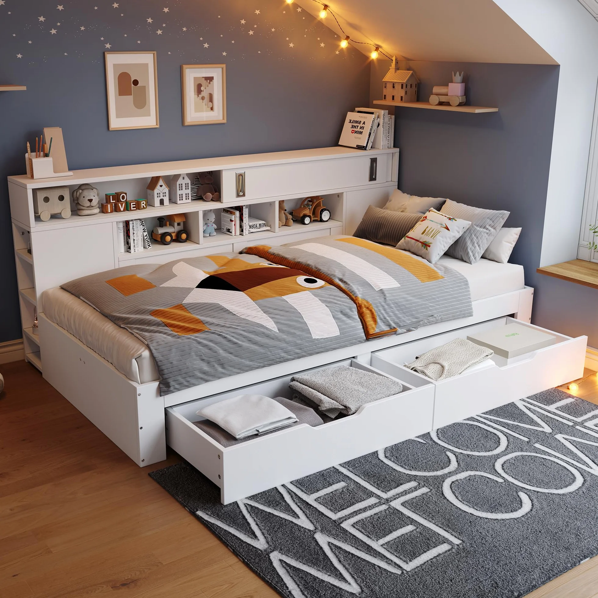 Letto per bambini 90x200, letto singolo con ripiani e armadio contenitore, letto contenitore con cassetti, struttura letto con rete a doghe, per adulti e ragazzi, senza materasso, bianco