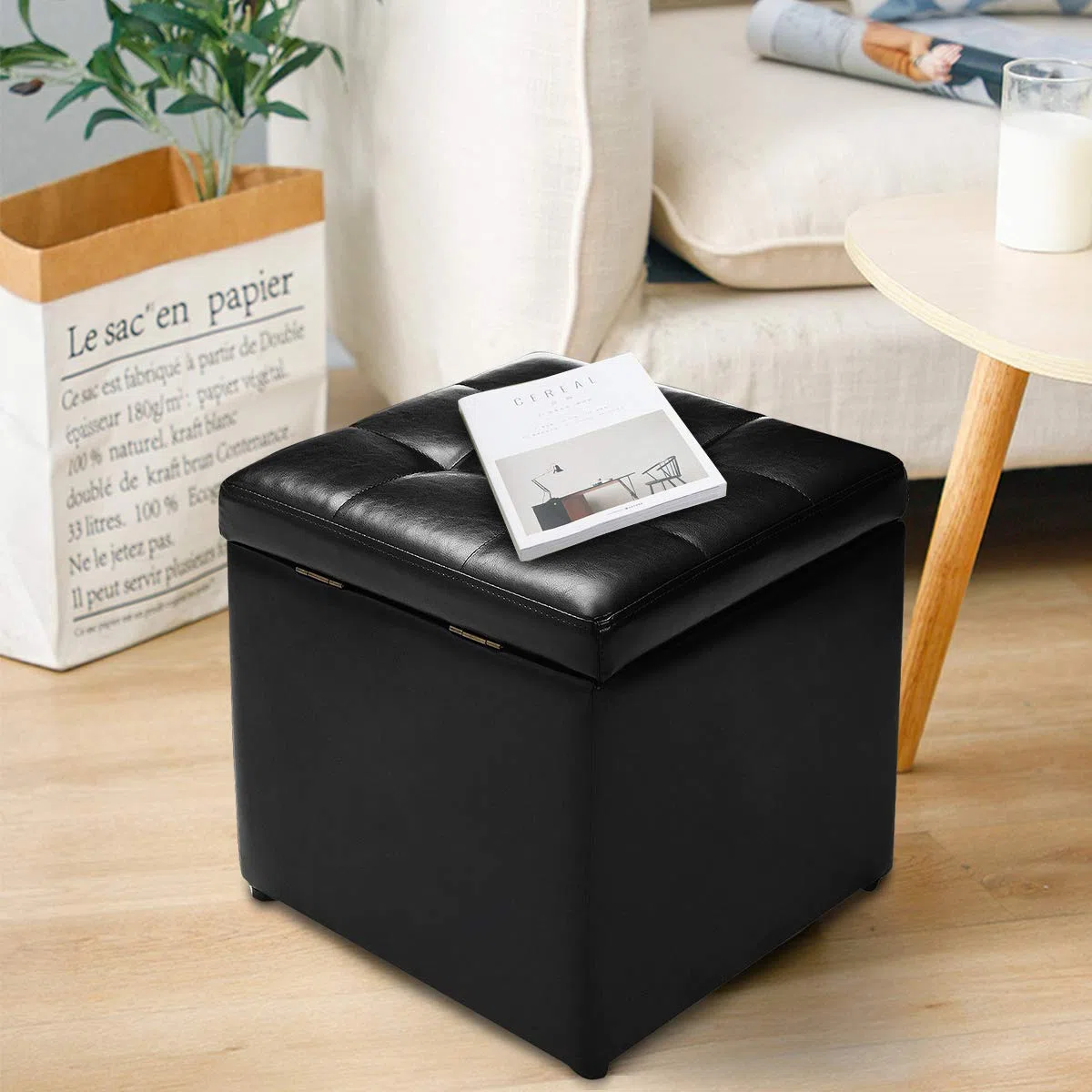 GIANTEX Pouf Cubo Poggiapiedi, Sgabello Quadrato Contenitore, Ottomana con Coperchio, con Vano Portaoggetti, Piedini Antiscivolo, Portata di 300 kg, 40 x 40 x 40 cm, Nero/Marrone/Bianco