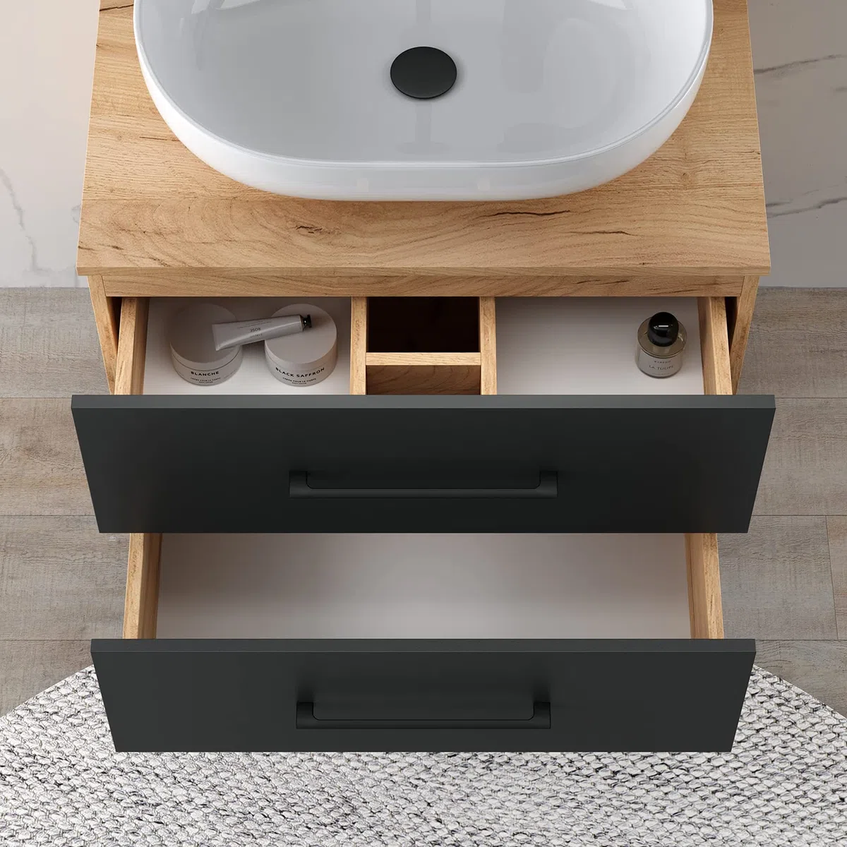 Planetmöbel set di mobili da bagno LUX 90 cm rovere oro/antracite SENZA lavabo con colonna rovere oro/antracite
