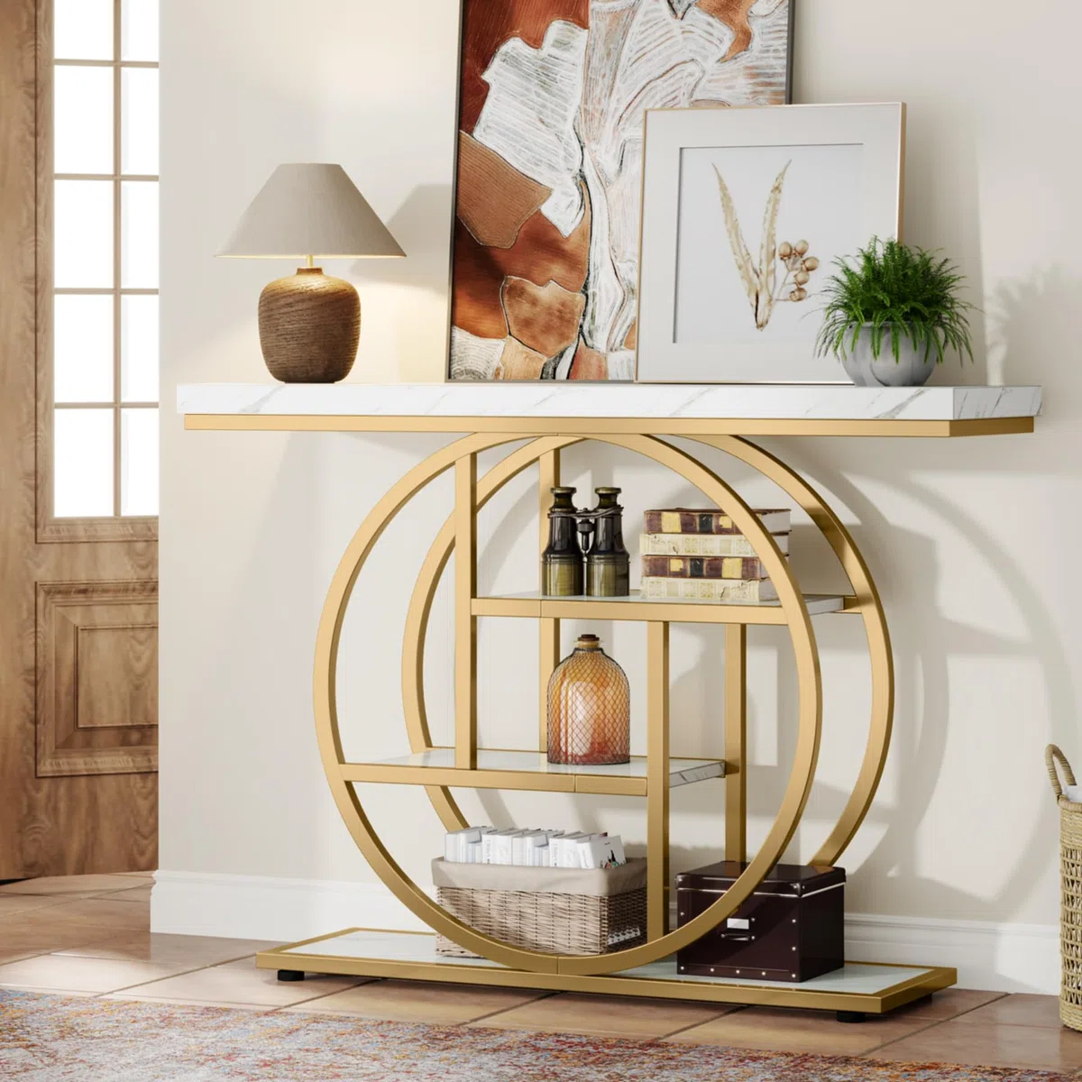 Tribesigns Tavolo consolle da 104,1 cm, tavolo industriale a 4 livelli con base circolare, tavoli decorativi in legno stretto con ripiani portaoggetti per soggiorno, corridoio, ingresso