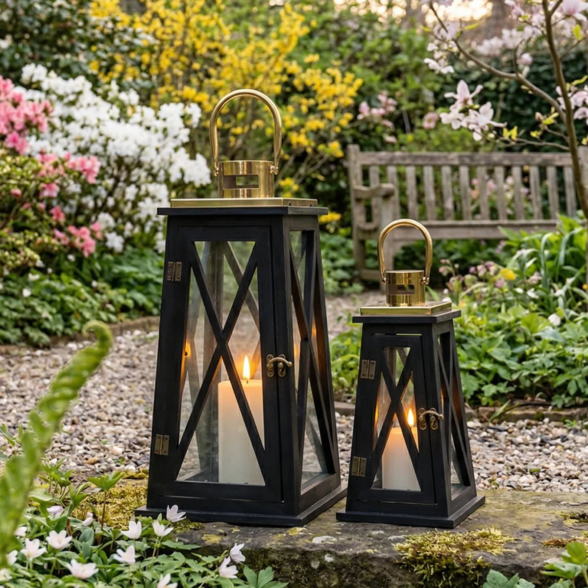 TRIROCKS Set di 2 Lanterne in Legno Stile Rustico 55 cm & 40 cm Alte, Portacandele Decorativi con Vetro Temperato per Decorazioni Casa, Natale, Matrimonio, Esterni (Trapezoidale Nera)