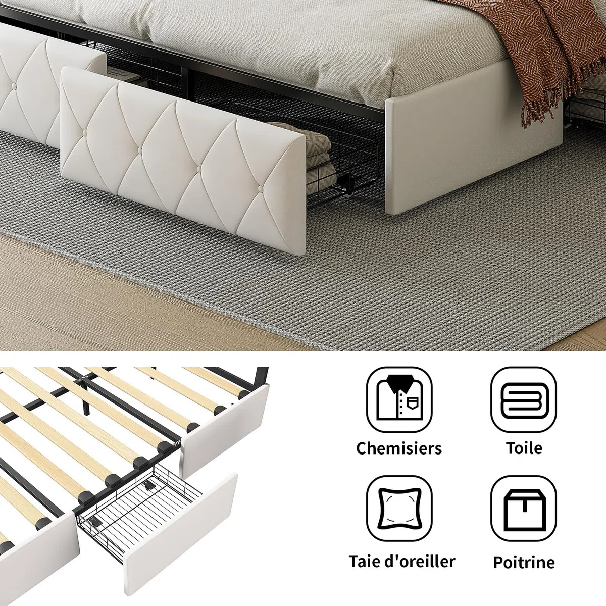 Letto imbottito 160 x 200 cm con illuminazione a LED, letto matrimoniale con 4 cassetti di stoccaggio, telaio letto matrimoniale con rete a doghe, letto cassetto, Beige bianco