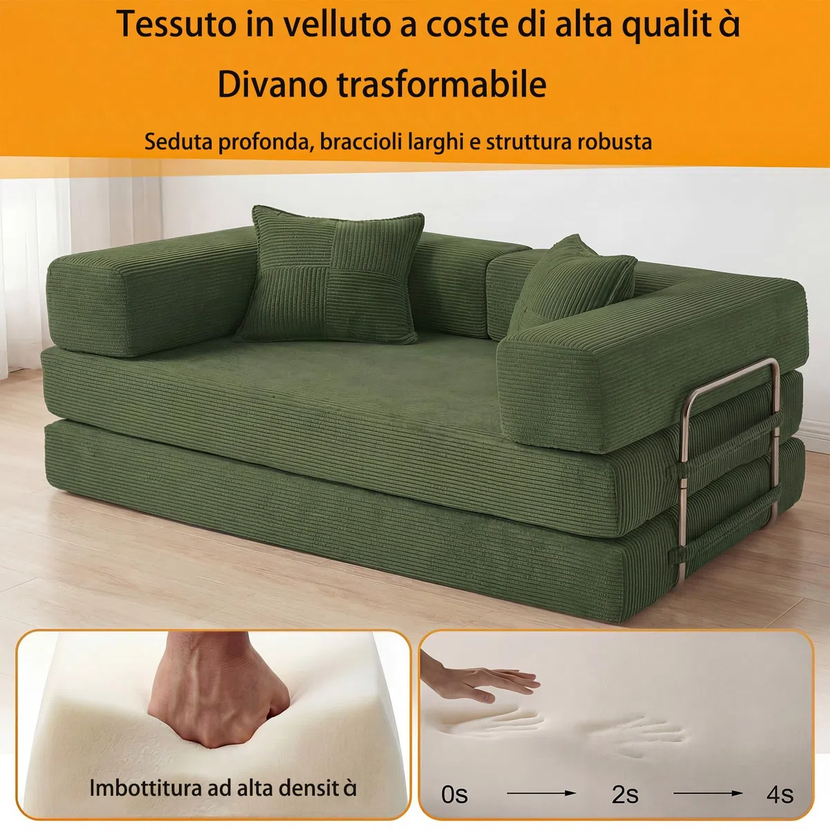 Vipbear Divano disossato, divano a 3 posti in velluto a coste 200 cm, letto pieghevole 5 in 1 convertibile con 2 cuscini in memory foam per camera da letto, verde | Cabrio