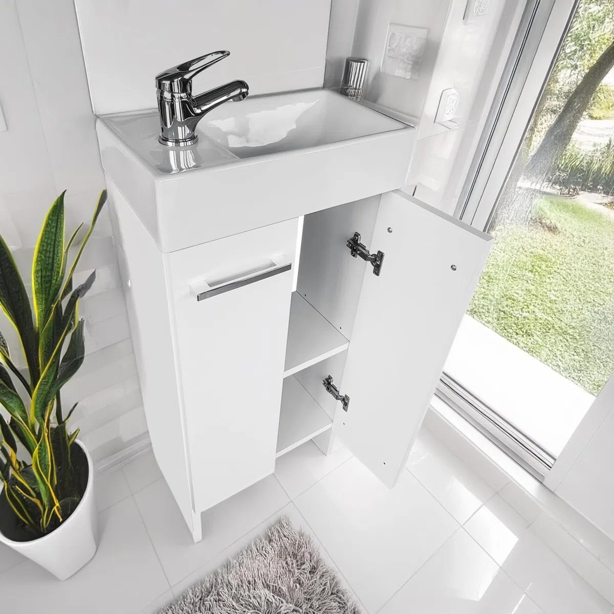 Lavandino Bagno con Mobiletto 41 cm Malibu, Ceramica, Mobile Bagno con Lavabo, Mobile Lavabo, Mobiletto Sotto Lavandino - Bianco