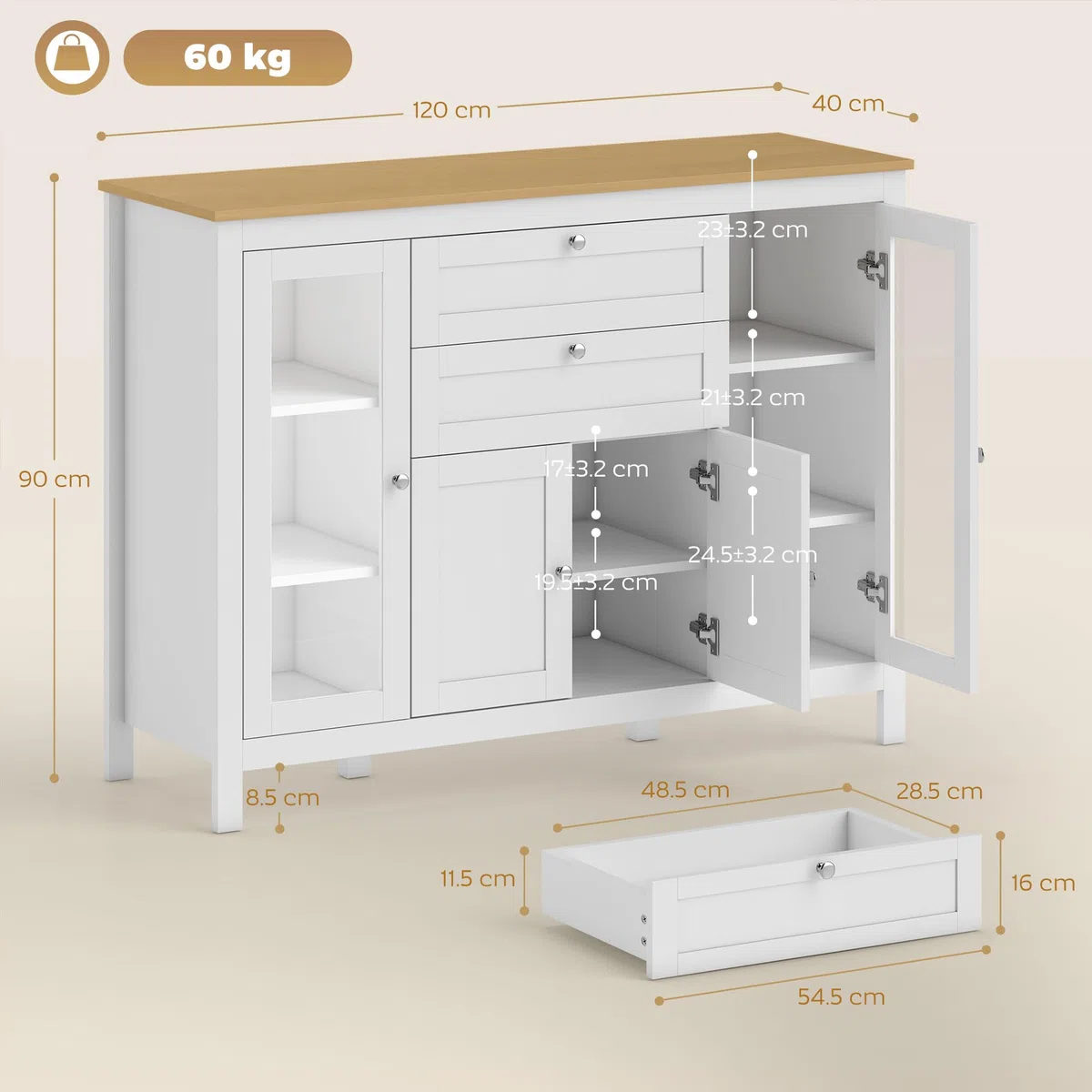 HOMCOM Credenza Cucina, Mobile Cucina con 2 Cassetti, 3 Armadietti, Piano d'Appoggio in Caucciù, Credenza Buffet con Ante a Vetro, Ripiani Regolabili, per Soggiorno Sala da Pranzo, 120x40x90cm, Bianco