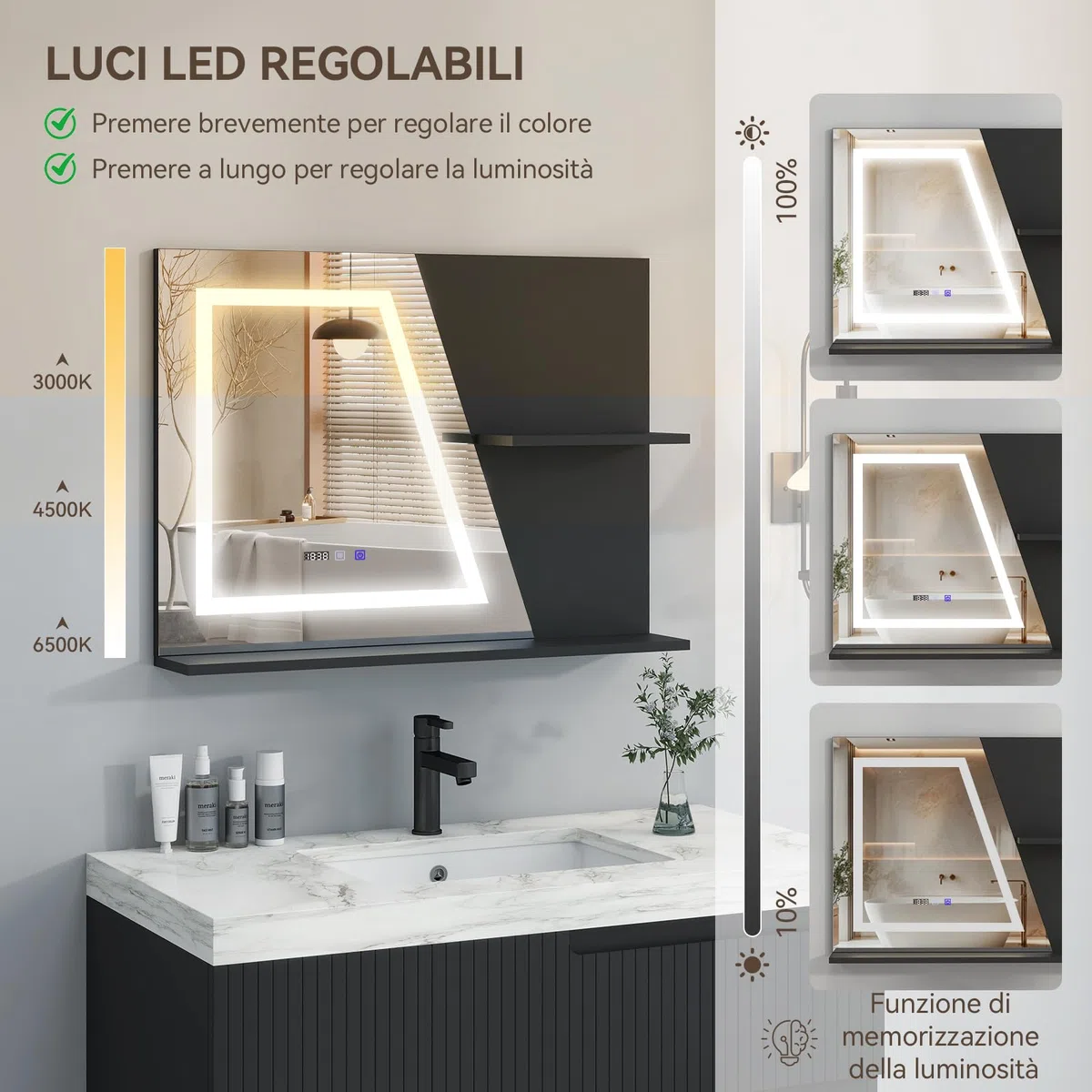 YU YUSING Specchio Bagno LED 80x60 cm con 2 Ripiani, Specchio da Parete con Led, 3 Colori, Luce Regolabili, Contro Touch, Display dell'Ora e Temperatura, Antiappannamento, IP44, Moderno, Nero