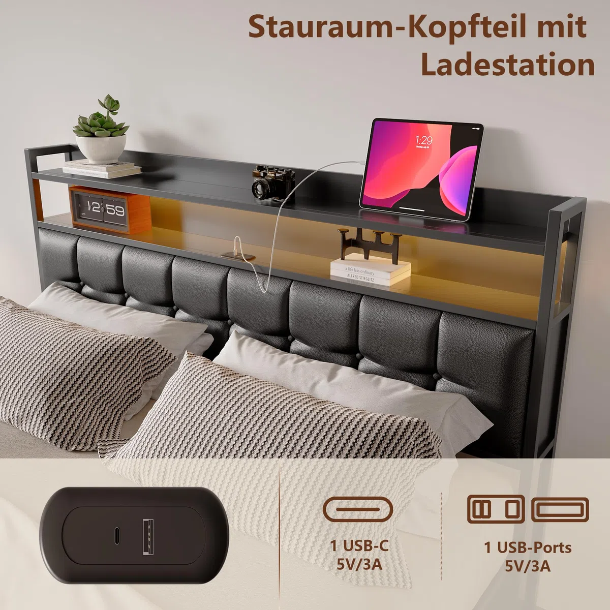 KeepGoon letto matrimoniale con contenitore 160 x 200 cm, letto imbottito con rete a doghe, testiera a LED con funzione USB, letto funzionale, in pelle nera, barra di pressione dell'aria