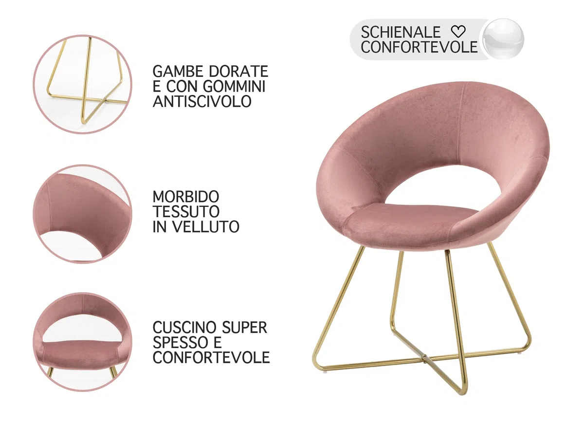 Poltrona Tonda Camera da Letto in Velluto Design Moderno, Sedia Imbottita Circolare con Gambe in Metallo Placcato Oro - Poltroncina per Salotto con Seduta Morbida Modello Grace - Rosa antico