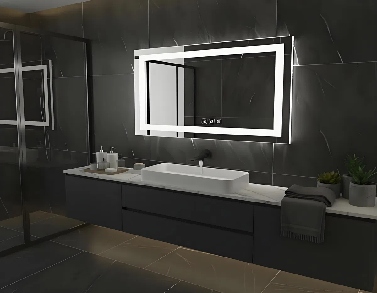Specchio da bagno con illuminazione, rettangolare, 60 x 100 cm, specchio da parete a LED, 3 colori di luce, dimmerabile, con touch, anti-appannamento, CRI90+, vetro temperato