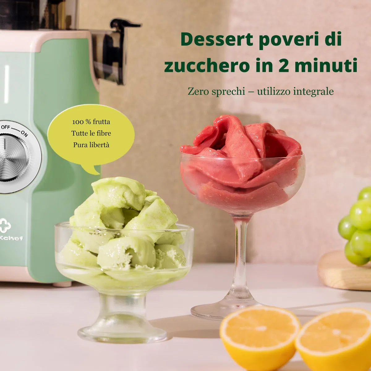 LINKChef Estrattore di succo per frutta e verdura, apertura 115 mm, 1,2 L, 200 W, slow juicer machine per frutta e verdura intere, senza BPA, facile da smontare e pulire, ricette incluse,verde chiaro