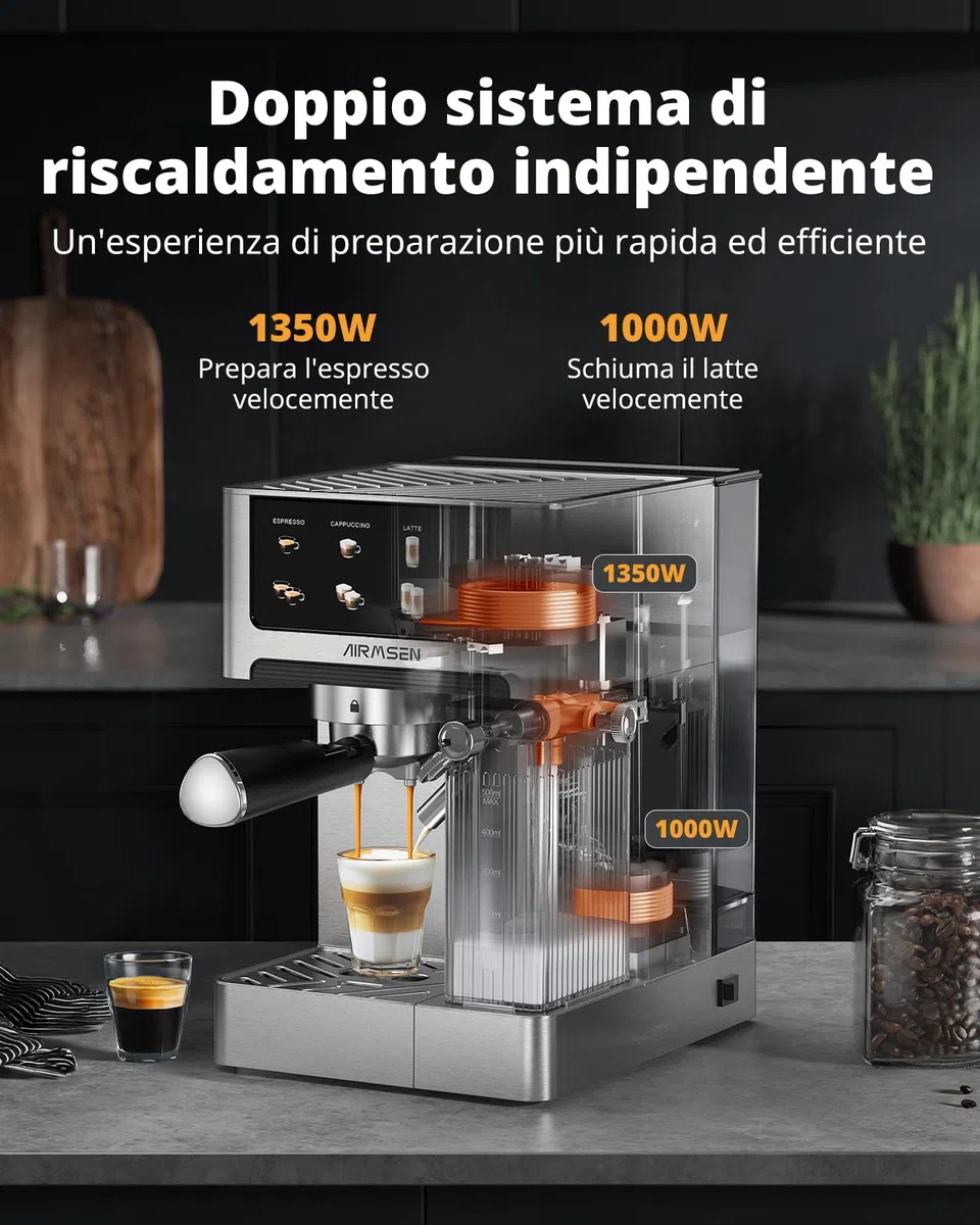 AIRMSEN 20 Bar Macchina Espresso per Casa con Frotheria Automatica, Cappuccino & Latte Caffè Macchina, Doppio Boiler Quick Estrazione (1350W+1000W), Acciaio Inox, Serbatoio d'Acqua 1.8L, Touchscreen