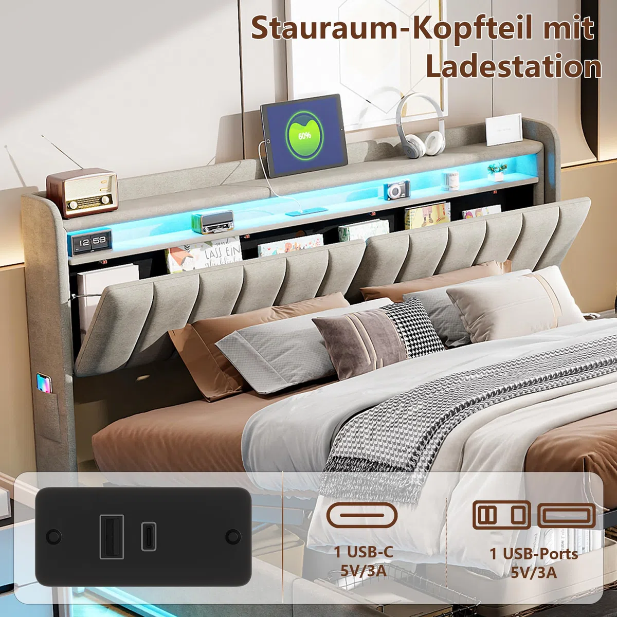 Letto Contenitore Matrimoniale 160x200 cm, Letto con Spazio Idraulico, Testiera Multifunzione con Portaoggetti, Ricarica USB A+C e Luci LED RGB, Velluto, Grigio, Senza materasso