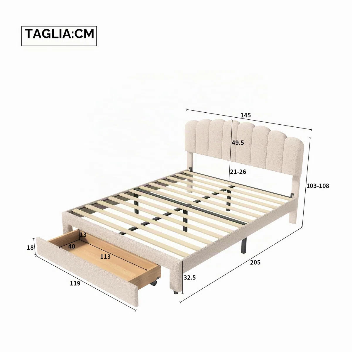 Letto imbottito 140 x 200 cm, letto matrimoniale con 1 cassetto e rete a doghe, testiera regolabile in altezza con funzione di ricarica USB-C – Letto per riporre lo schienale del letto, Teddy