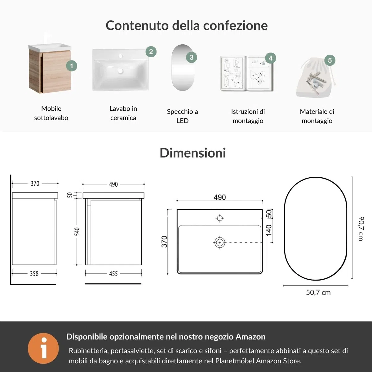 Planetmöbel Mobile sottolavabo 50 cm con specchio da bagno con illuminazione ovale, set di mobili da bagno con lavabo, sospeso, rovere Sonoma